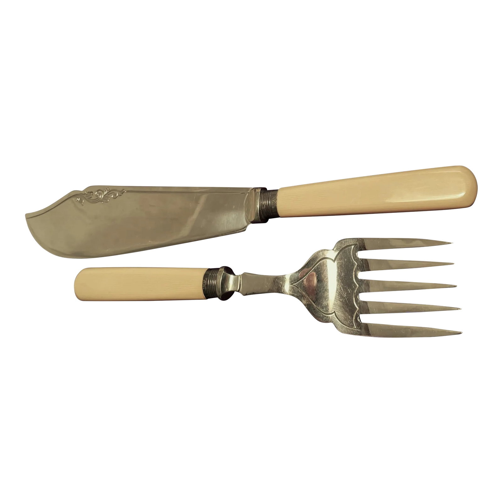 Mid 20th Century Fish Serving Knife Fork Set Sterling Silver Celluloid Stainless Firth Staybrite- 2: Here is an elegant fish serving knife and fork set with celluloid (early plastic) handles, a sterling silver band on each piece (which I have not polished) and stainless steel knife blade and fork. Th