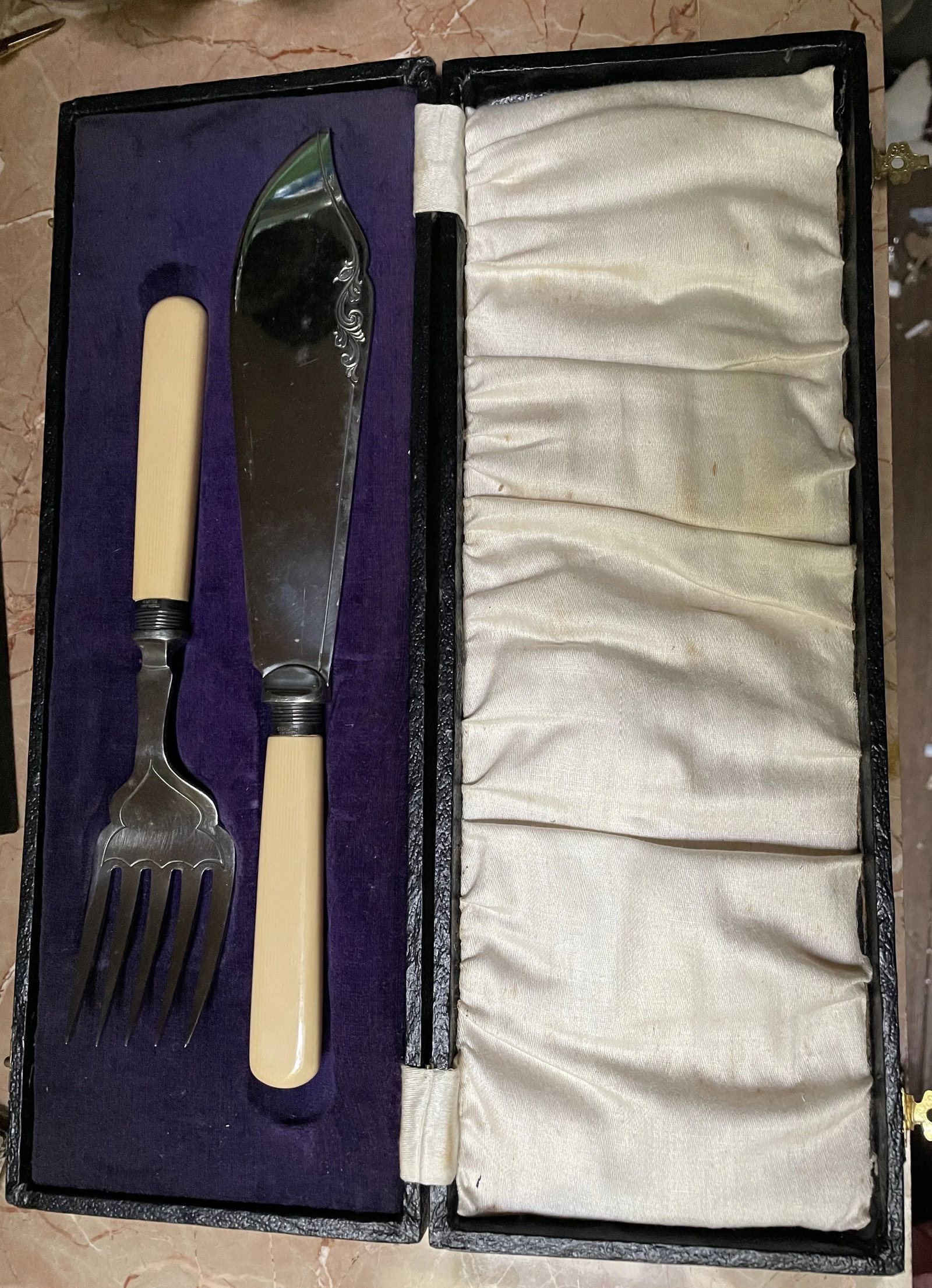Mid 20th Century Fish Serving Knife Fork Set Sterling Silver Celluloid Stainless Firth Staybrite- 2 - 2