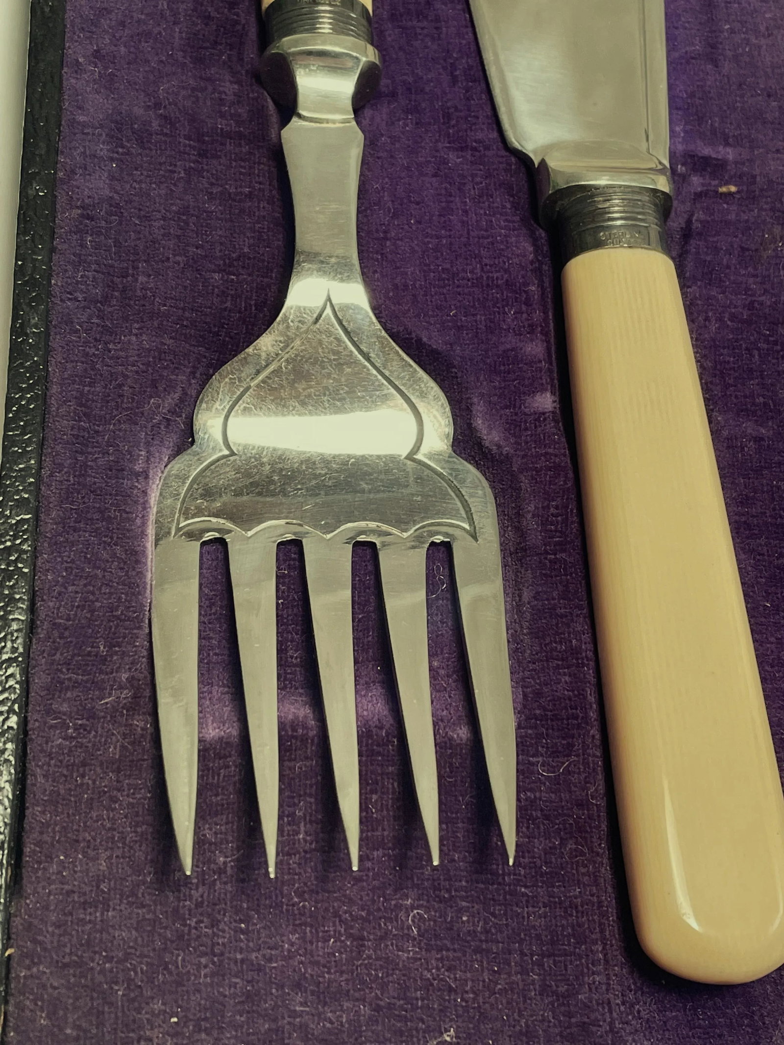 Mid 20th Century Fish Serving Knife Fork Set Sterling Silver Celluloid Stainless Firth Staybrite- 2 - 3