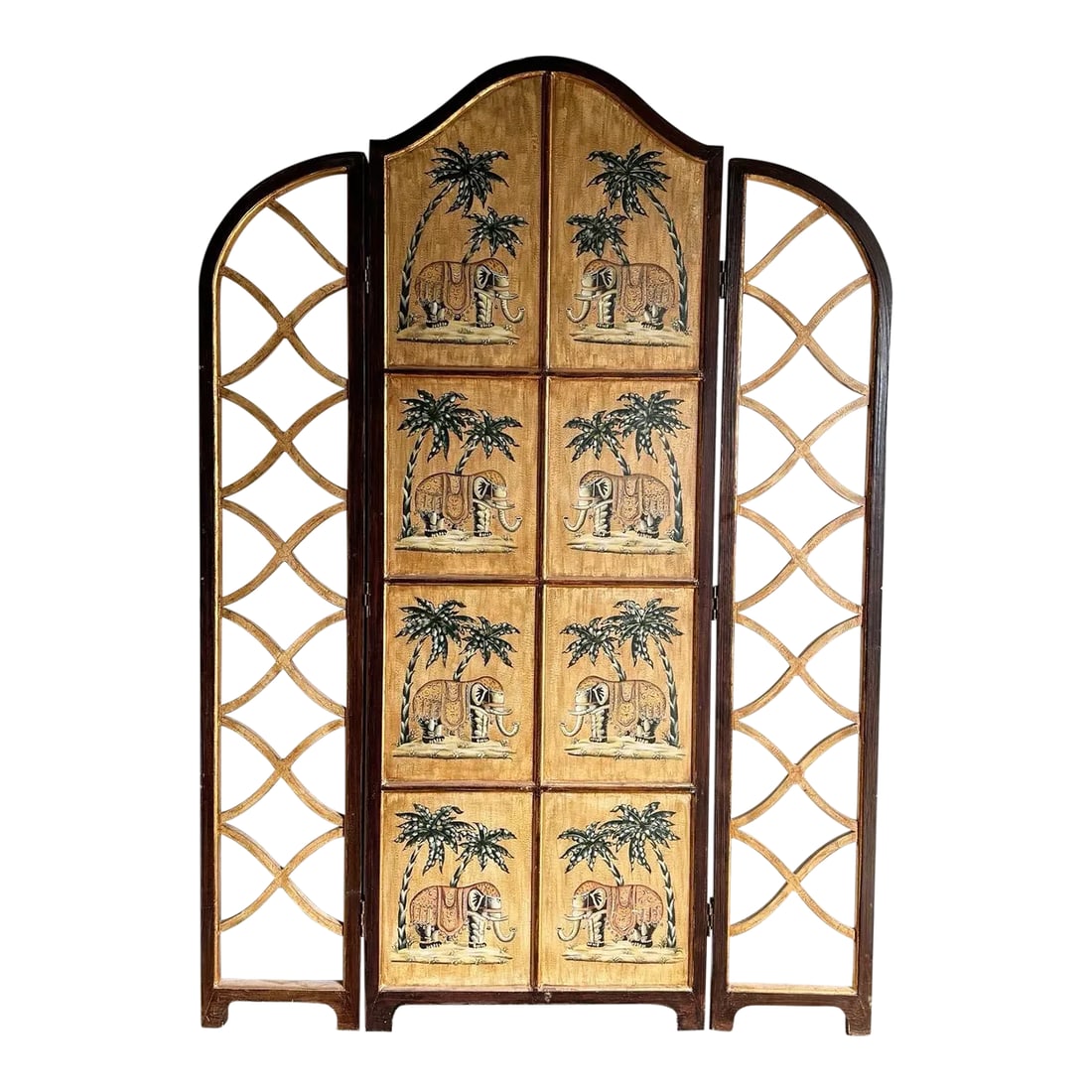 Regency Hand Painted Elephants and Gold Room Divider/Screen: This Regency-style room divider or screen is a remarkable piece of decorative art that features hand-painted elephants on the central panel, surrounded by exquisite gold detailing. The intricate artwo