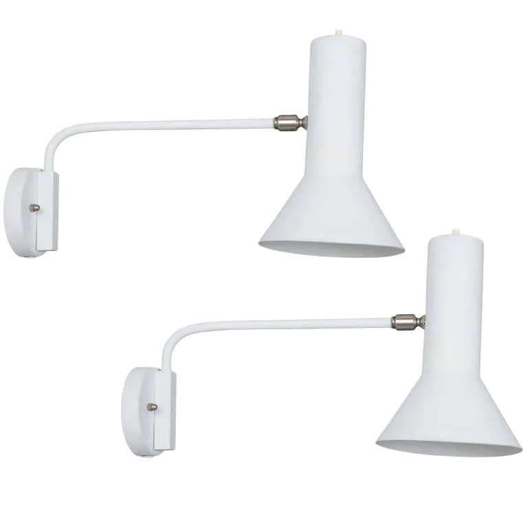 1960s J.J.M. Hoogervorst Swivel-Arm Wall Lights for Anvia - a Pair: J.J.M. Hoogervorst swivel-arm wall lights for Anvia, 1960s. Executed in white painted metal, the arm swings from side to side and the shade adjusts on a swiveling ball joint for maximum lighting