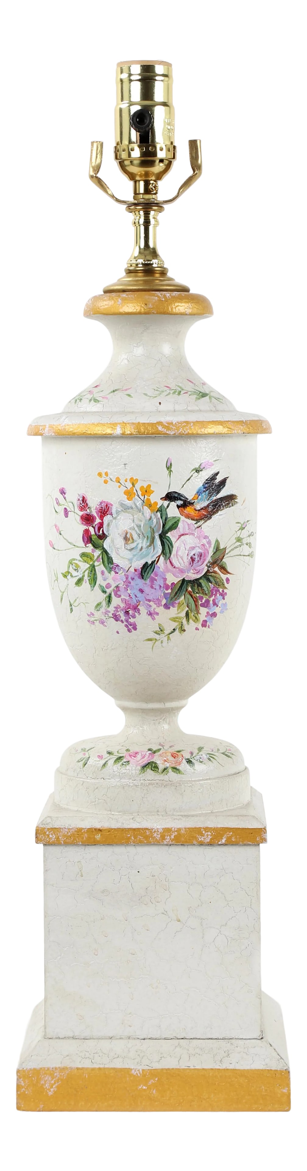 Vintage White Trophy Vase Lamp Decorated With Gold Accents and Hand Painted Flower Blooms: This vintage trophy vase lamp is decorated with bouquets of flower blooms on the front and the back. White crackle finish with gold painted accents. Condition: Imperfections: Some Imperfections