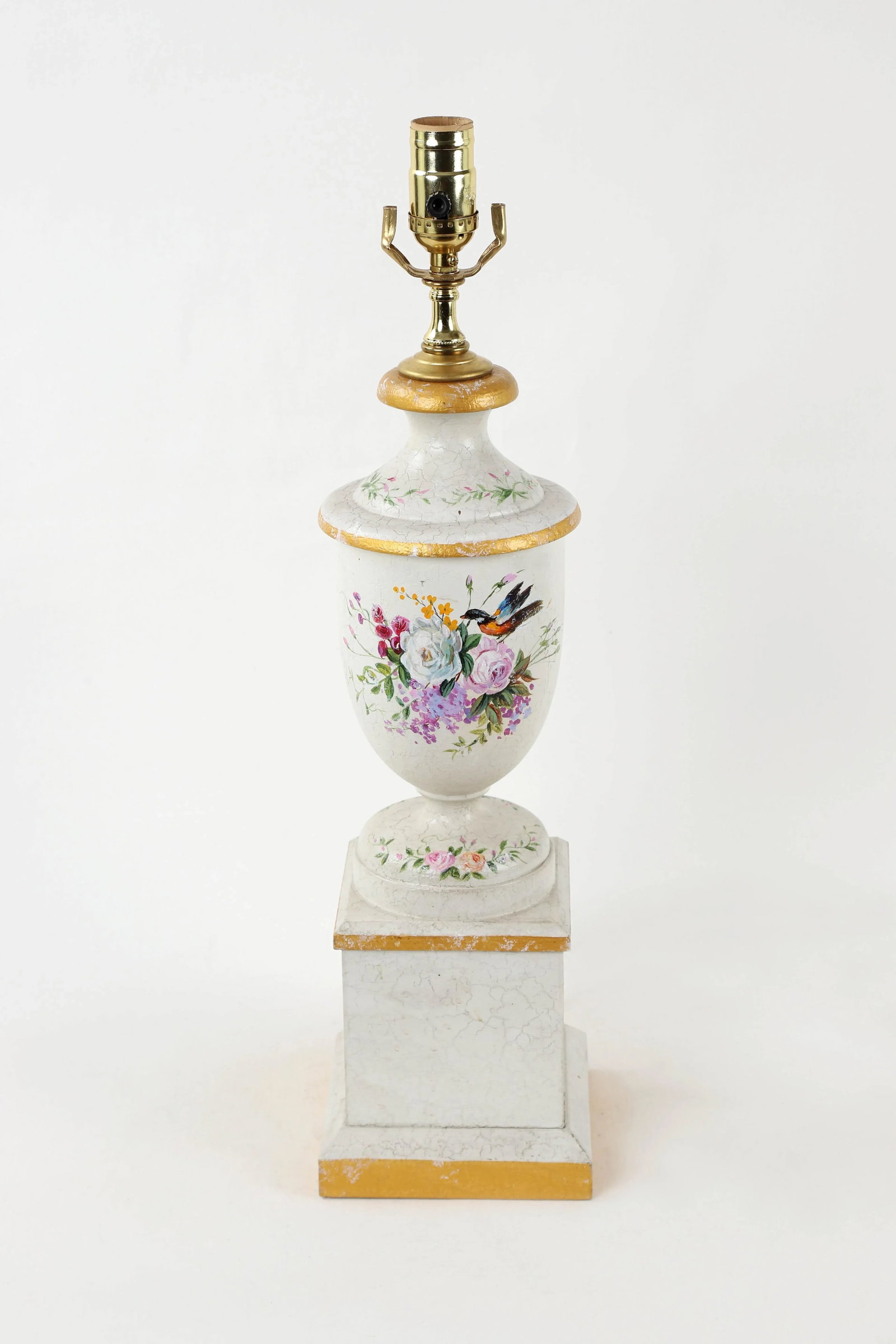 Vintage White Trophy Vase Lamp Decorated With Gold Accents and Hand Painted Flower Blooms - 2