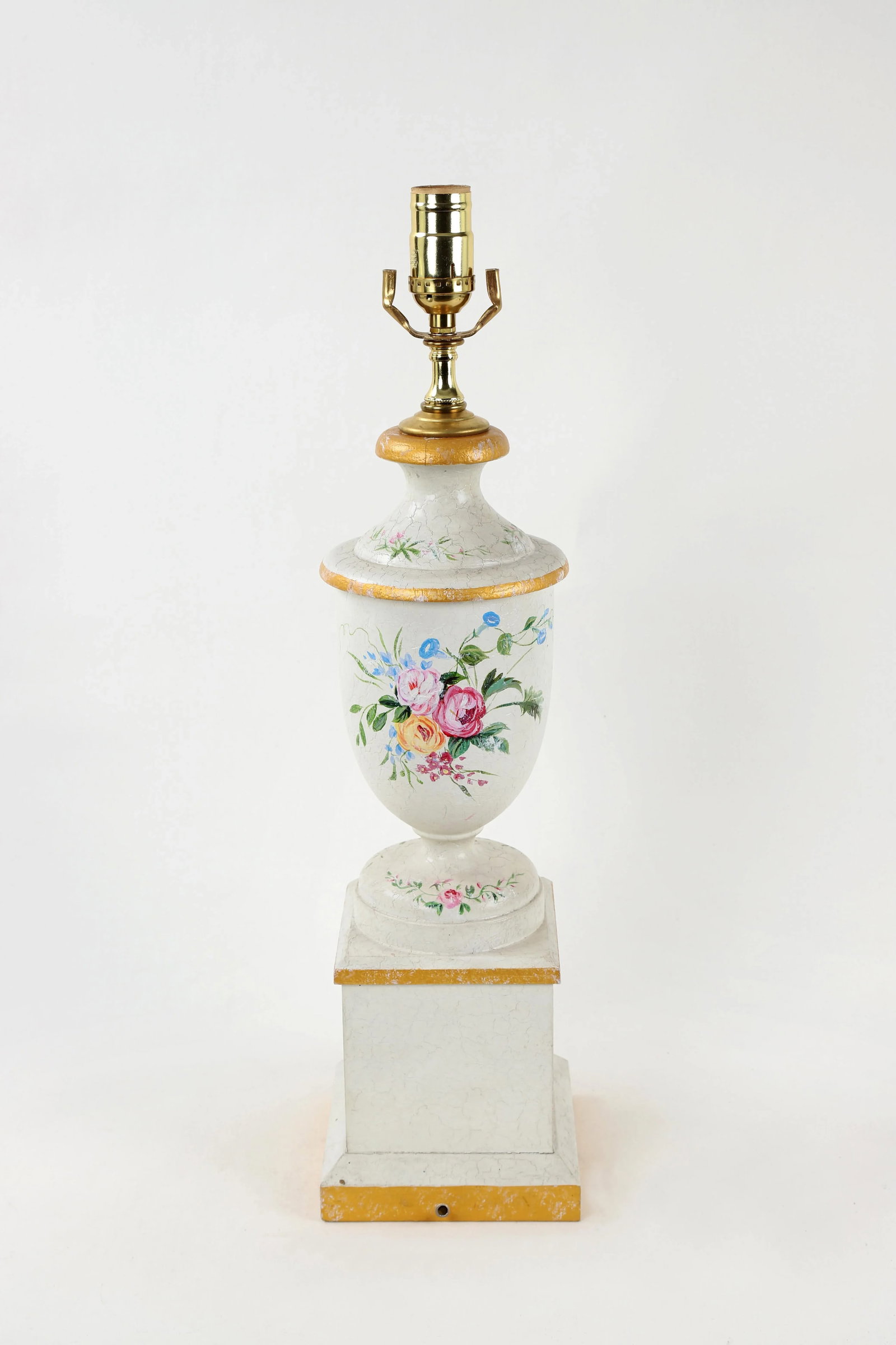 Vintage White Trophy Vase Lamp Decorated With Gold Accents and Hand Painted Flower Blooms - 3