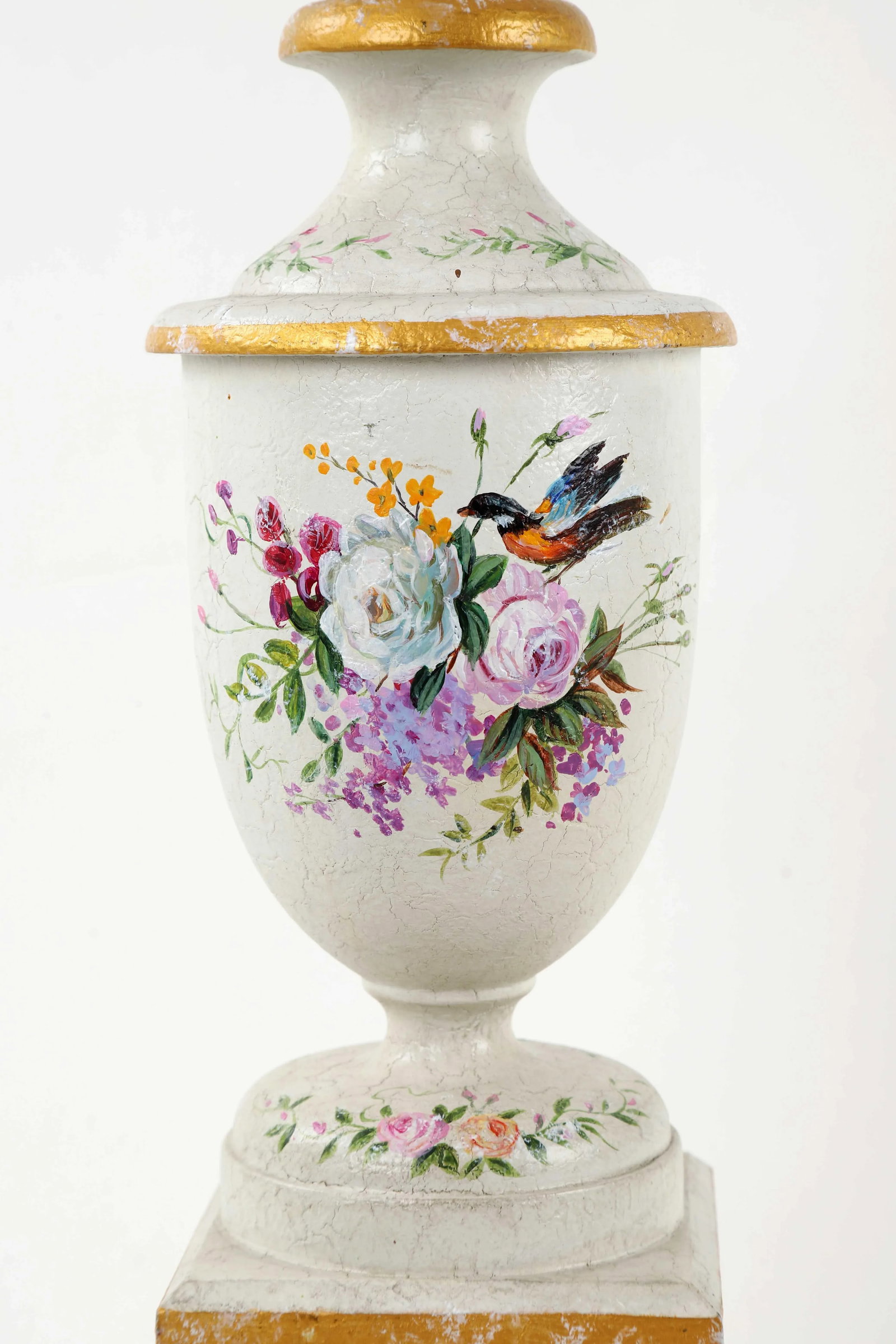 Vintage White Trophy Vase Lamp Decorated With Gold Accents and Hand Painted Flower Blooms - 5