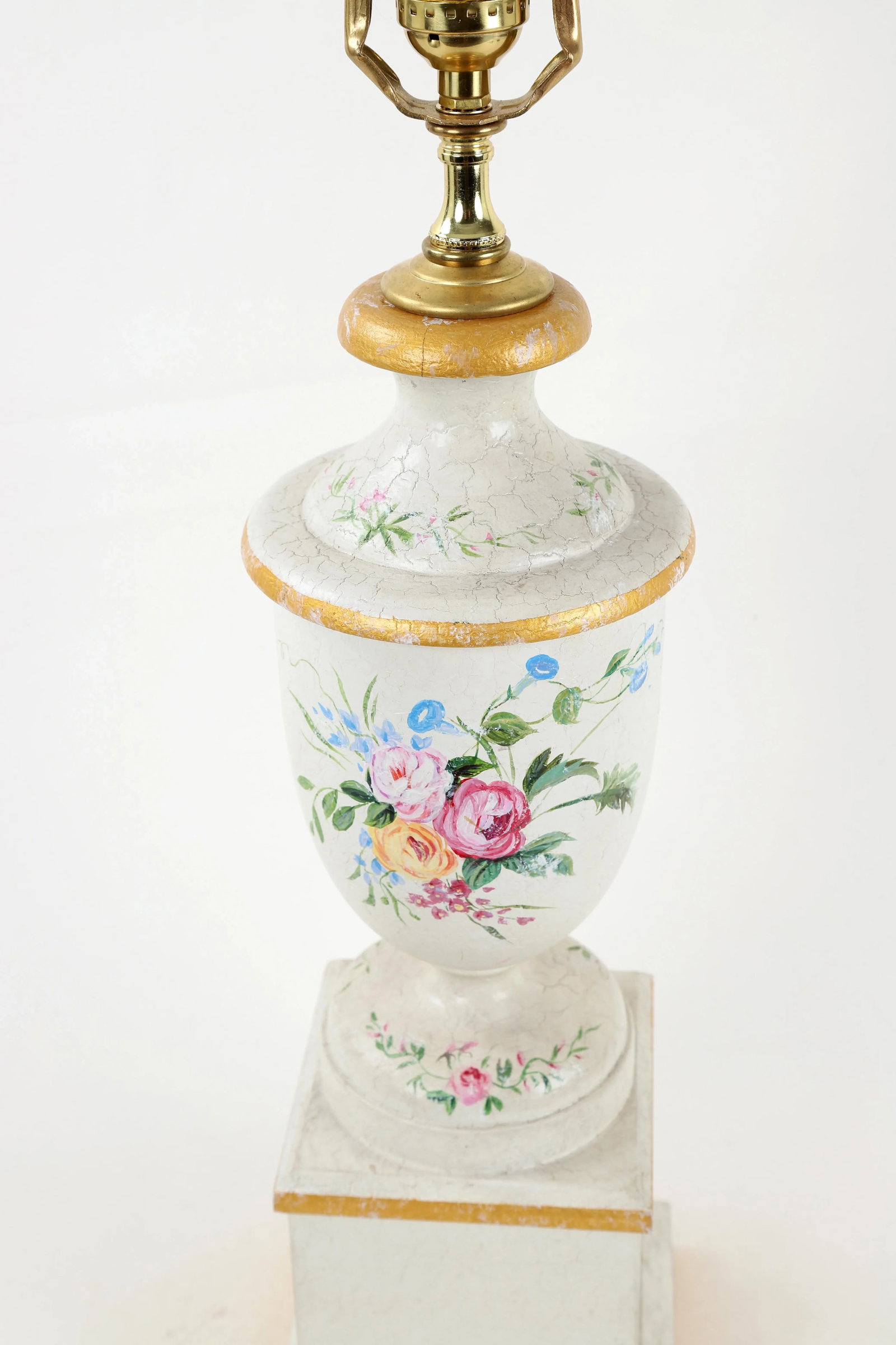 Vintage White Trophy Vase Lamp Decorated With Gold Accents and Hand Painted Flower Blooms - 6
