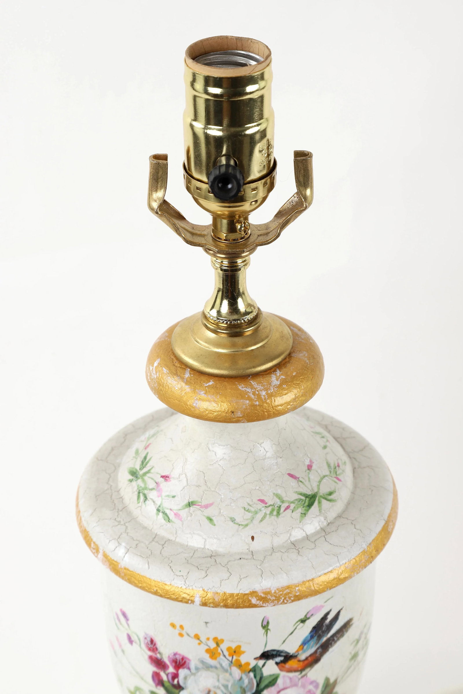 Vintage White Trophy Vase Lamp Decorated With Gold Accents and Hand Painted Flower Blooms - 7