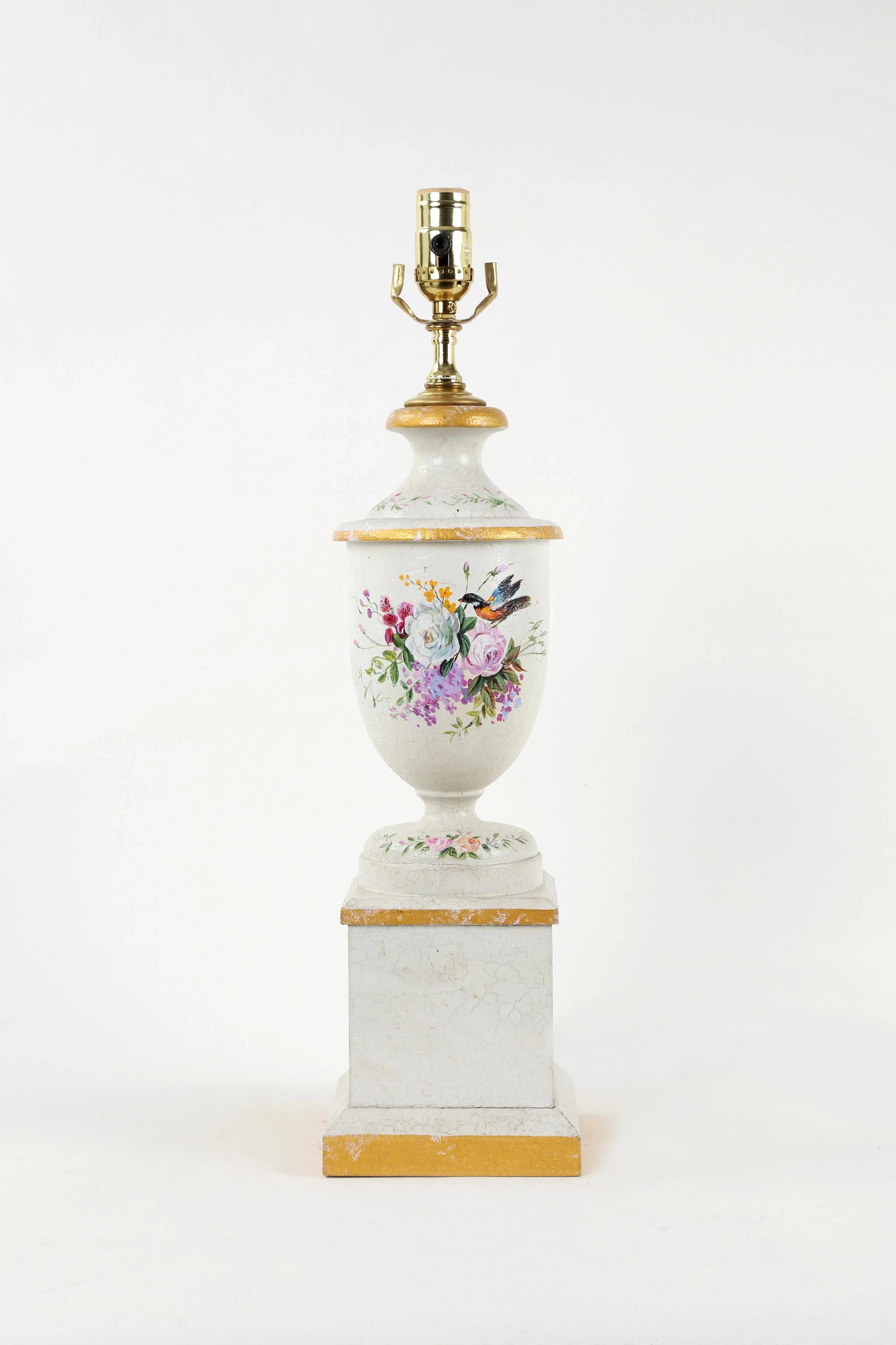 Vintage White Trophy Vase Lamp Decorated With Gold Accents and Hand Painted Flower Blooms - 9