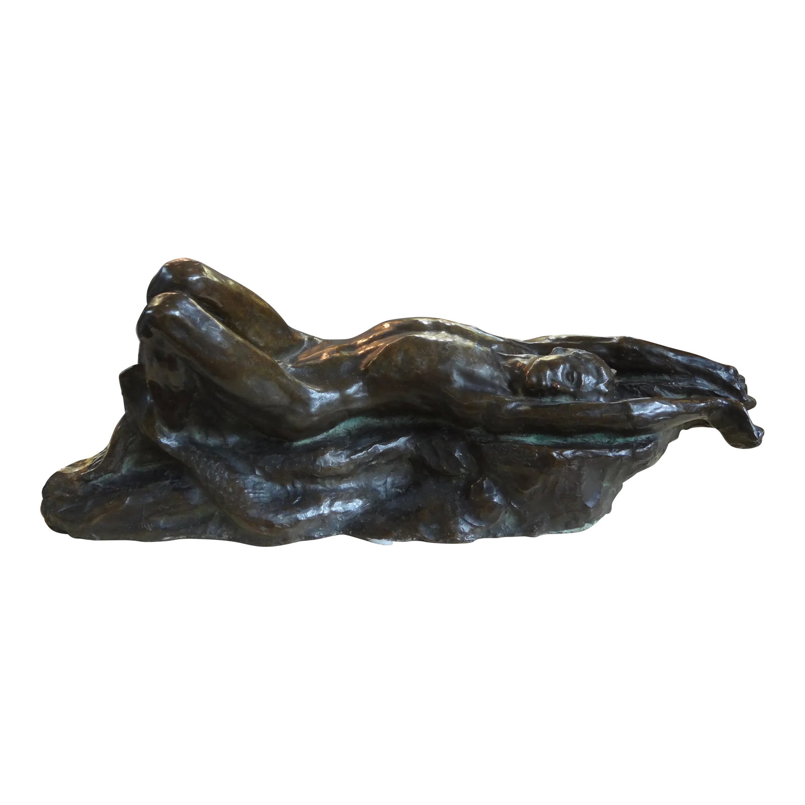 Italian Art Deco Bronze Sculpture of a Nude Male: Italian Art Deco Bronze Sculpture Of A Nude Male. We offer a handsome Italian bronze sculpture of a reclining nude male that dates to the 1940's. We could not locate a signature on this sculpture howe