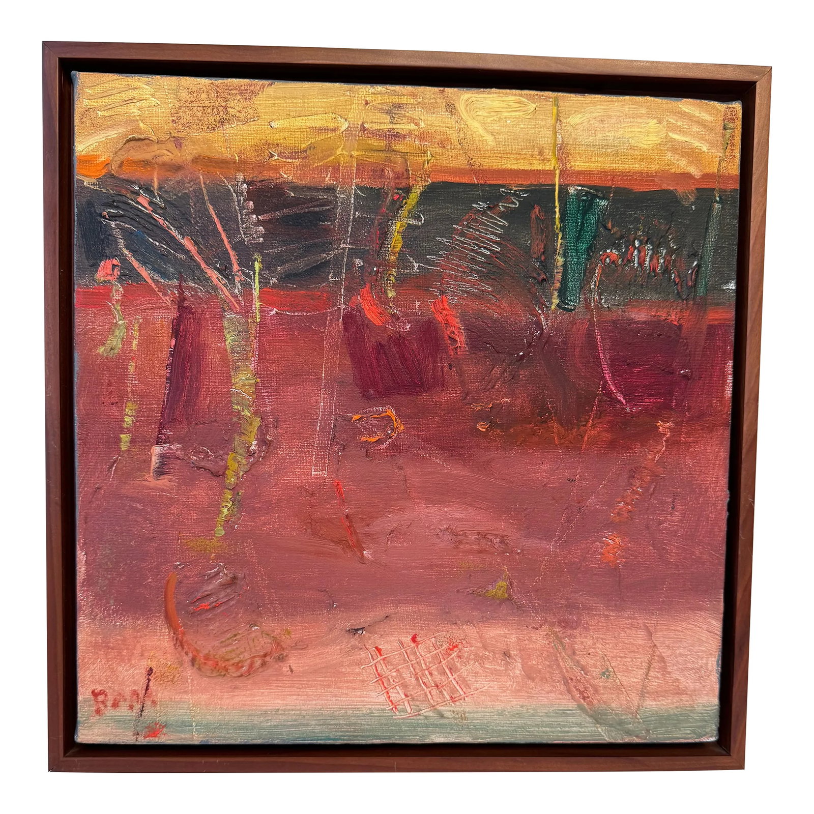 Abstract Modern Framed Painting by Barbara Wagner: Abstract Modern Painting by Barbara Wagner – 13" x 13" Framed This vibrant abstract by Barbara Wagner features bold brushstrokes, fluid forms, and rich texture. The painting sits recessed in a