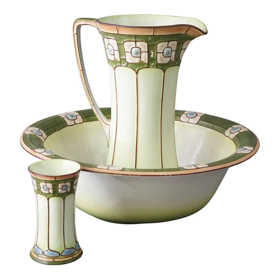 Antique Arts & Crafts Mission Porcelain Stylized Ecla Bowl & Pitcher Set, Circa 1910 - Set of 3: An antique Arts and Crafts Mission style washbowl set by ECLA offers porcelain construction with stylized stained glass design; set includes water pitcher, wash bowl and toothbrush cup; maker signed