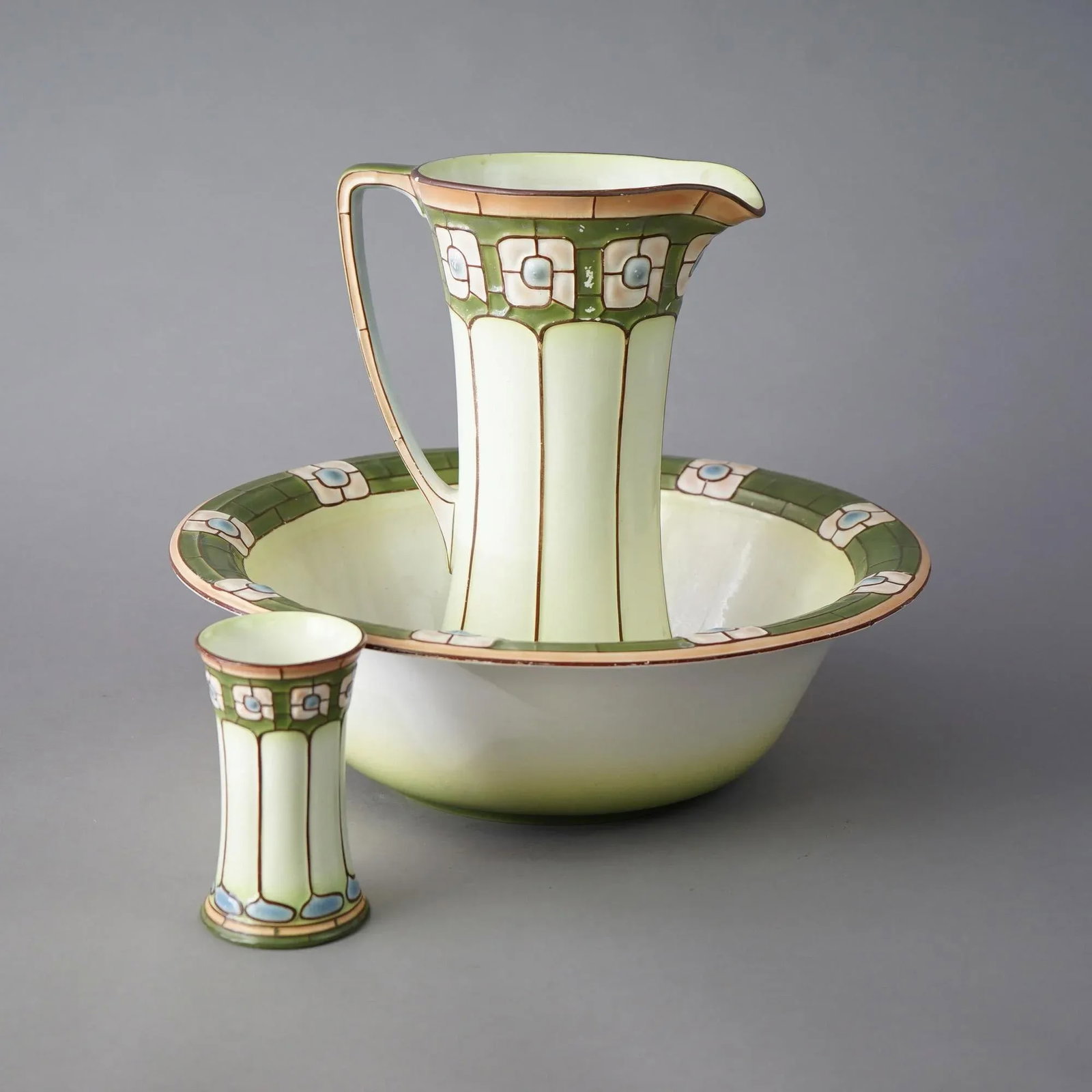 Antique Arts & Crafts Mission Porcelain Stylized Ecla Bowl & Pitcher Set, Circa 1910 - Set of 3 - 3