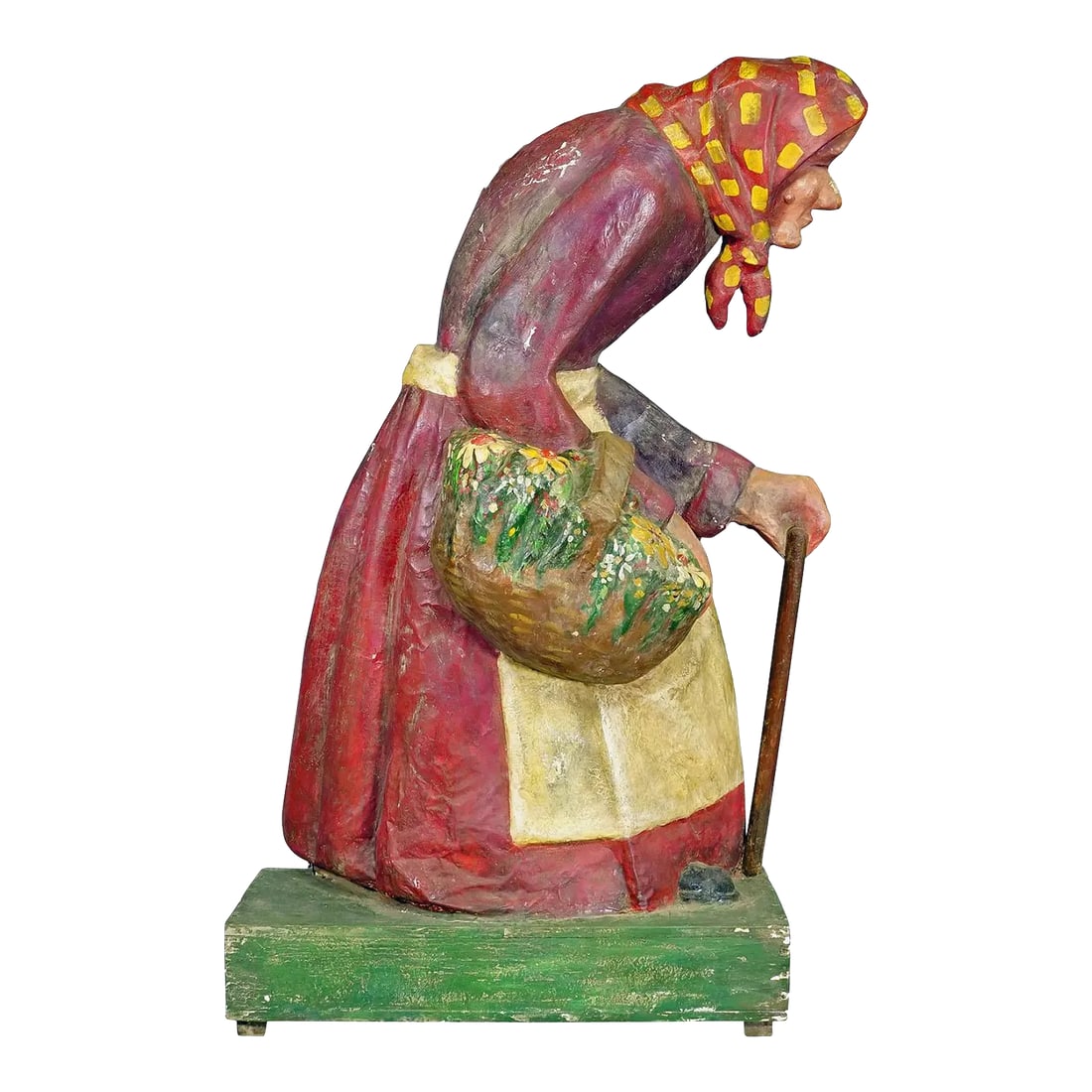 Antique Fairground Paper Mache Sculpture of a Witch or Farmer's Wive: Antique Fairground Paper Mache Sculpture of a Witch or Farmer's Wive A large half-relief sculpture of the witch from the fairy tale Hansel and Gretel. Probably used as decoration in a fairytale garden