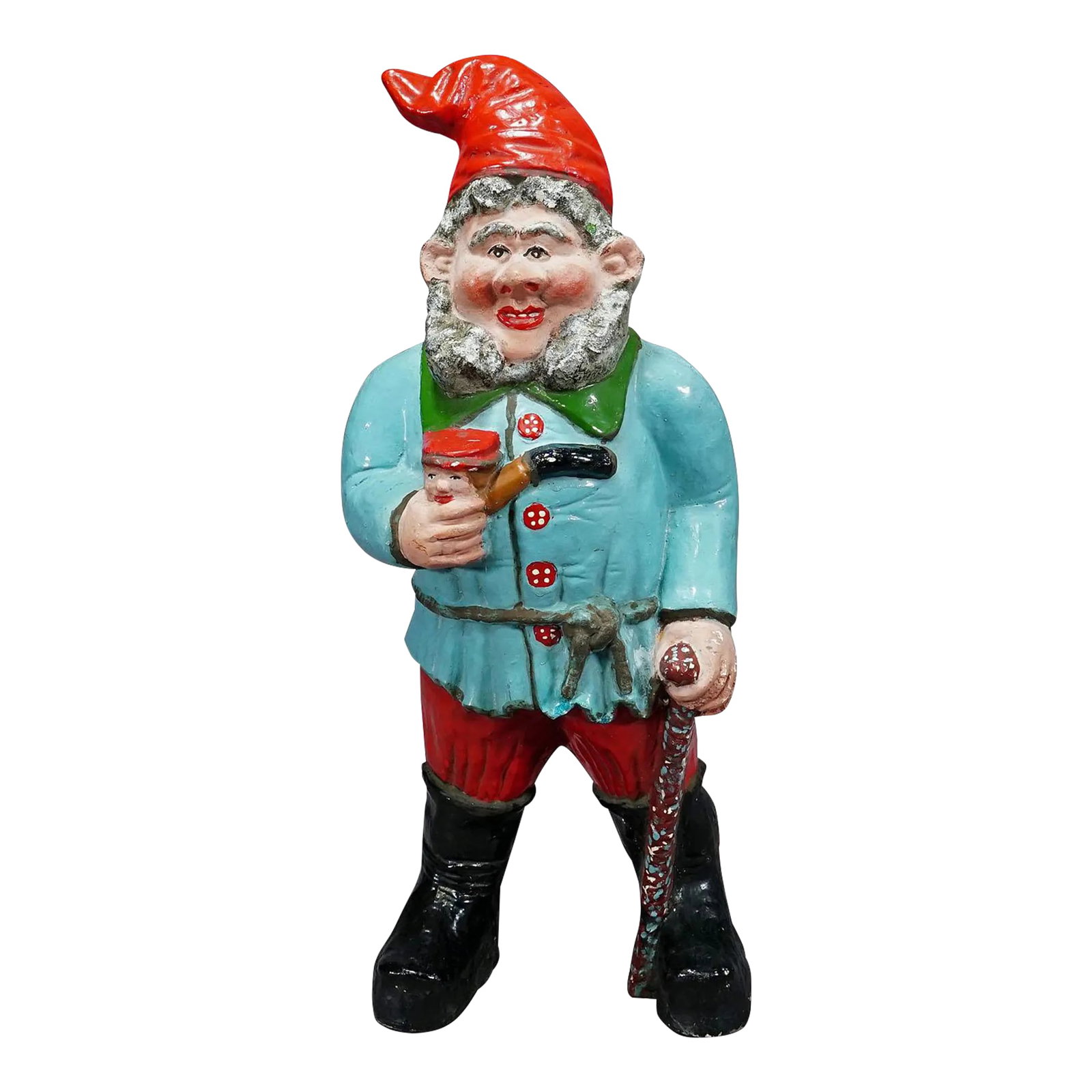 Large Terracotta Garden Gnome With Pipe, Germany Ca. 1920s: Large Terracotta Garden Gnome with Pipe, Germany ca. 1920s A large garden gnome from Germany, ca. 1920s. The gnome has a pipe and an walking stick in his hands. Good used vintage condition with signs 