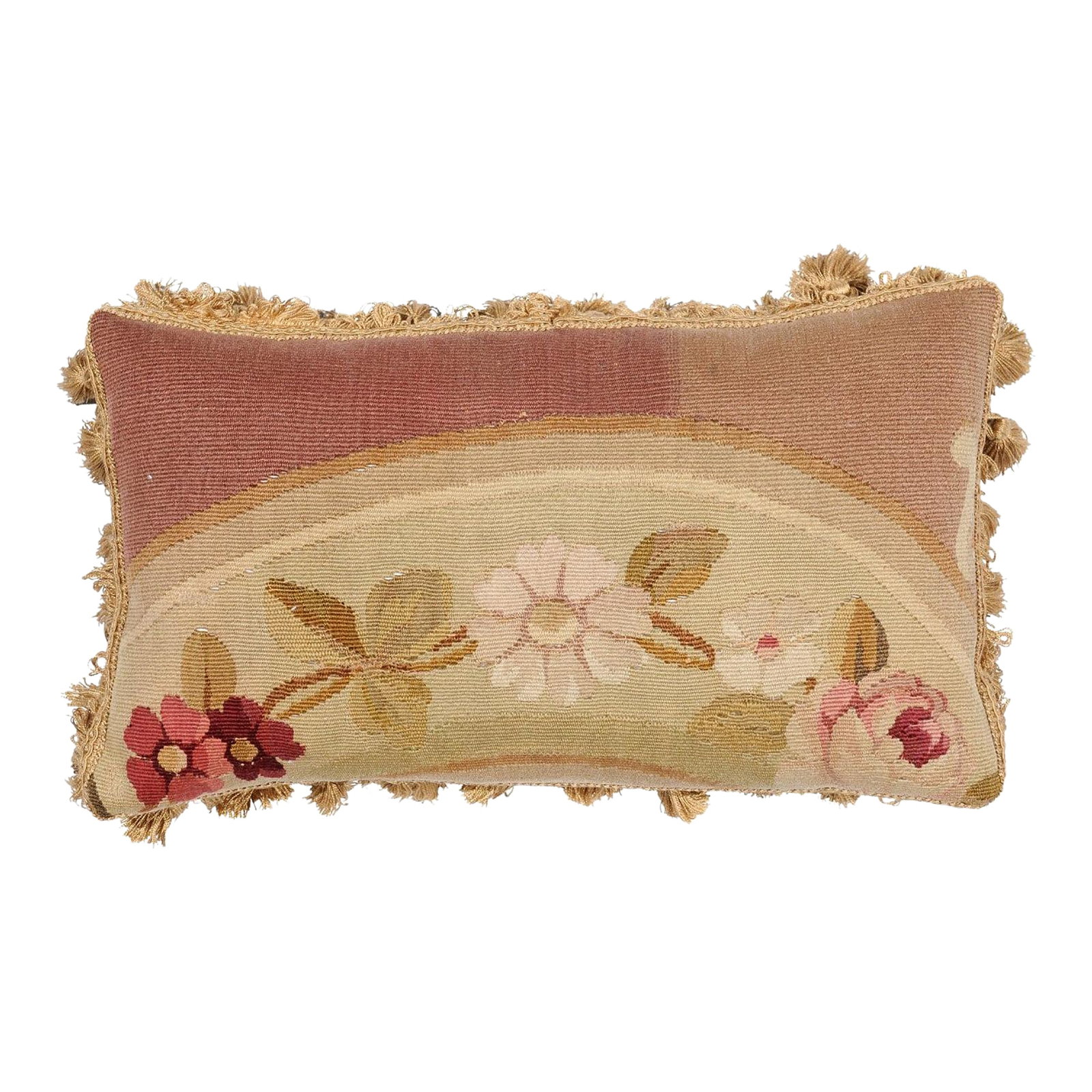 19th Century French Aubusson Tapestry Pillow with Flowers and Petite Tassels: A French Aubusson tapestry pillow from the 19th century, with floral décor and petite tassels. Created in the Aubusson tapestry manufacture located in central France during the 19th century, this