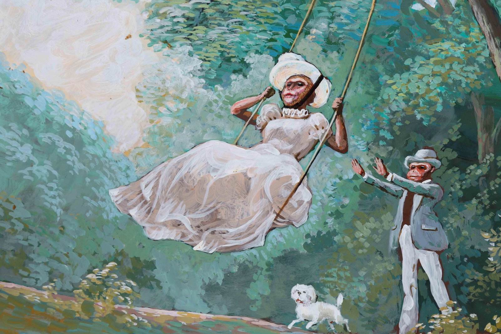 1960s Vintage Singerie Styled Monkeys Swinging in Forest Painting - 2