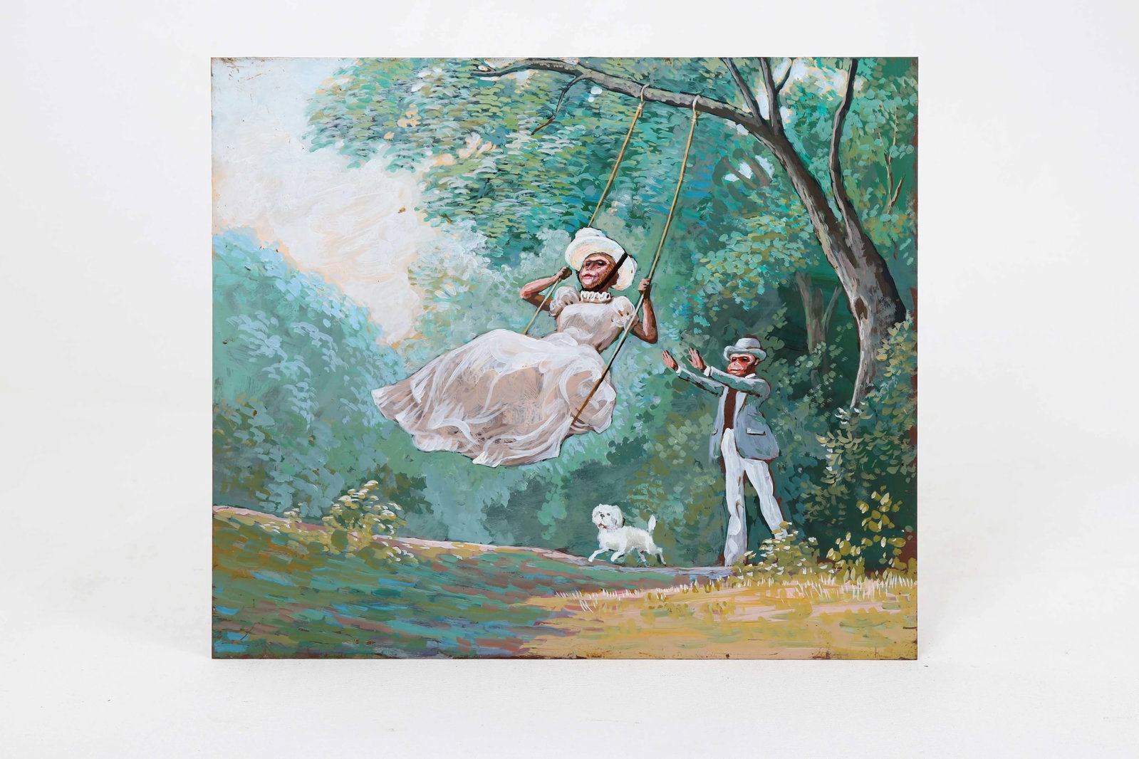 1960s Vintage Singerie Styled Monkeys Swinging in Forest Painting - 4