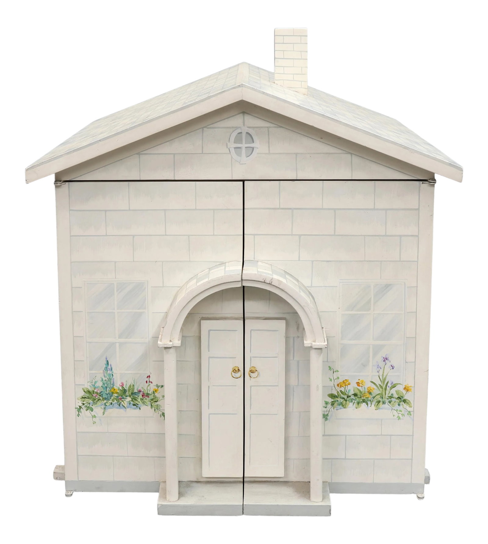 Vintage White Painted Dollhouse With Swing-Open Front: A white painted dollhouse that opens in the front. Empty interior but curtained in the front and the back. Opens to a beach scene, turning the dollhouse into a beach tent. Condition: Alterations: