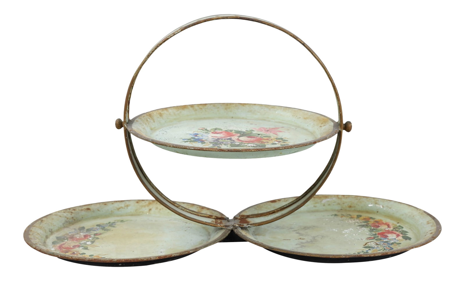 Vintage 3 Plate Tray Decorated in Flower Bouquets And: This vintage 3 plate tray features bouquets of flowers against a muted mint green. Two plates are welded together at the bottom, and at the top, the plate has been welded to bolts that attach to a