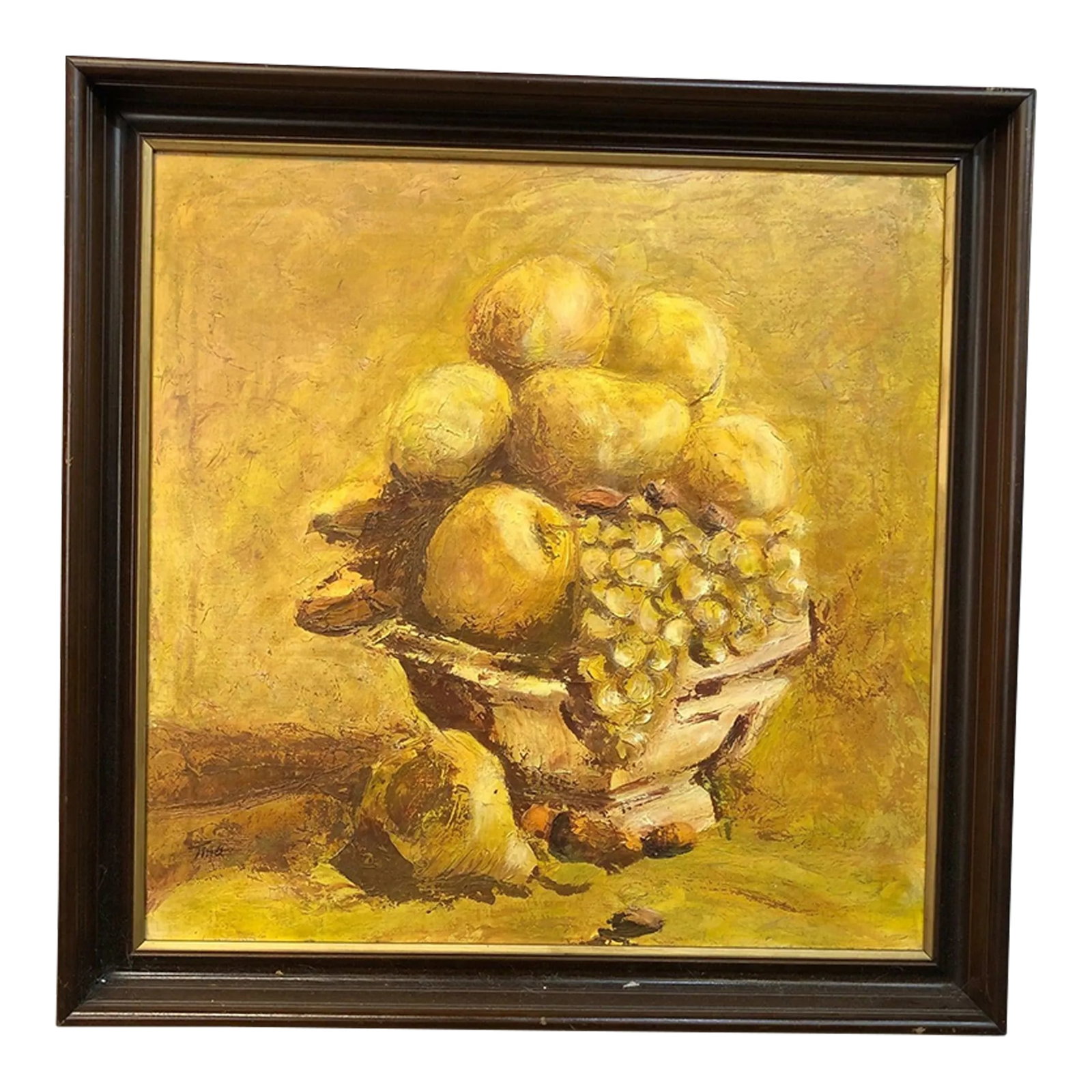 1950s Still Life Original Oil Painting Signed on the Bottom, Framed: Still life. Fruits and bowl. Oil on canvas. Brown wood frame. Mostly yellow with brown shadings. Condition: Alterations: Original Condition Unaltered Imperfections: Some Imperfections Condition