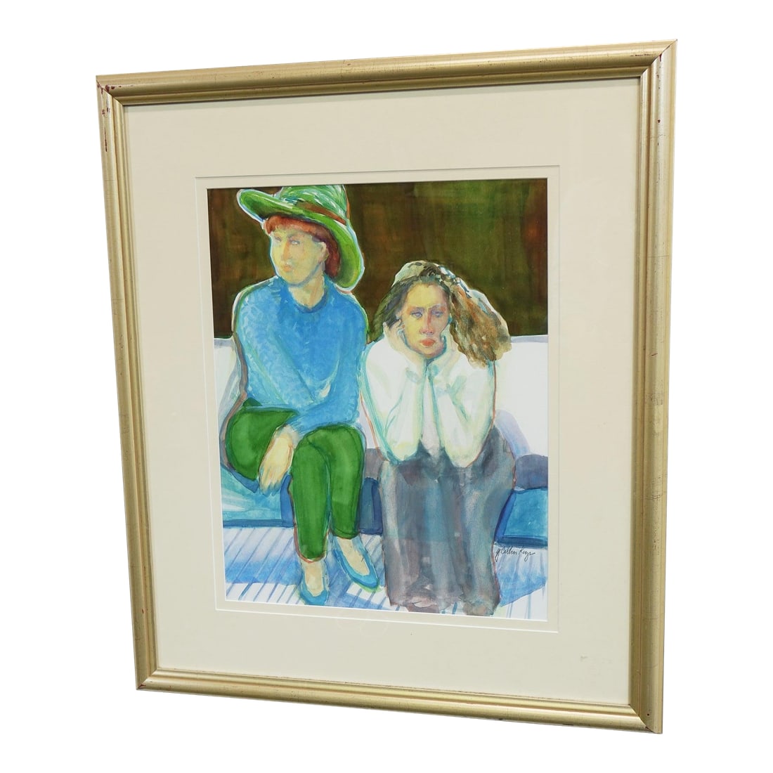 Waiting in Silence - Late 20th Century Watercolor Painting Signed on the Bottom, Framed: A tender yet subtly complex moment unfolds in this original watercolor painting, where two seated figures"”likely young women"”share a quiet, introspective pause. Rendered in a vivid yet