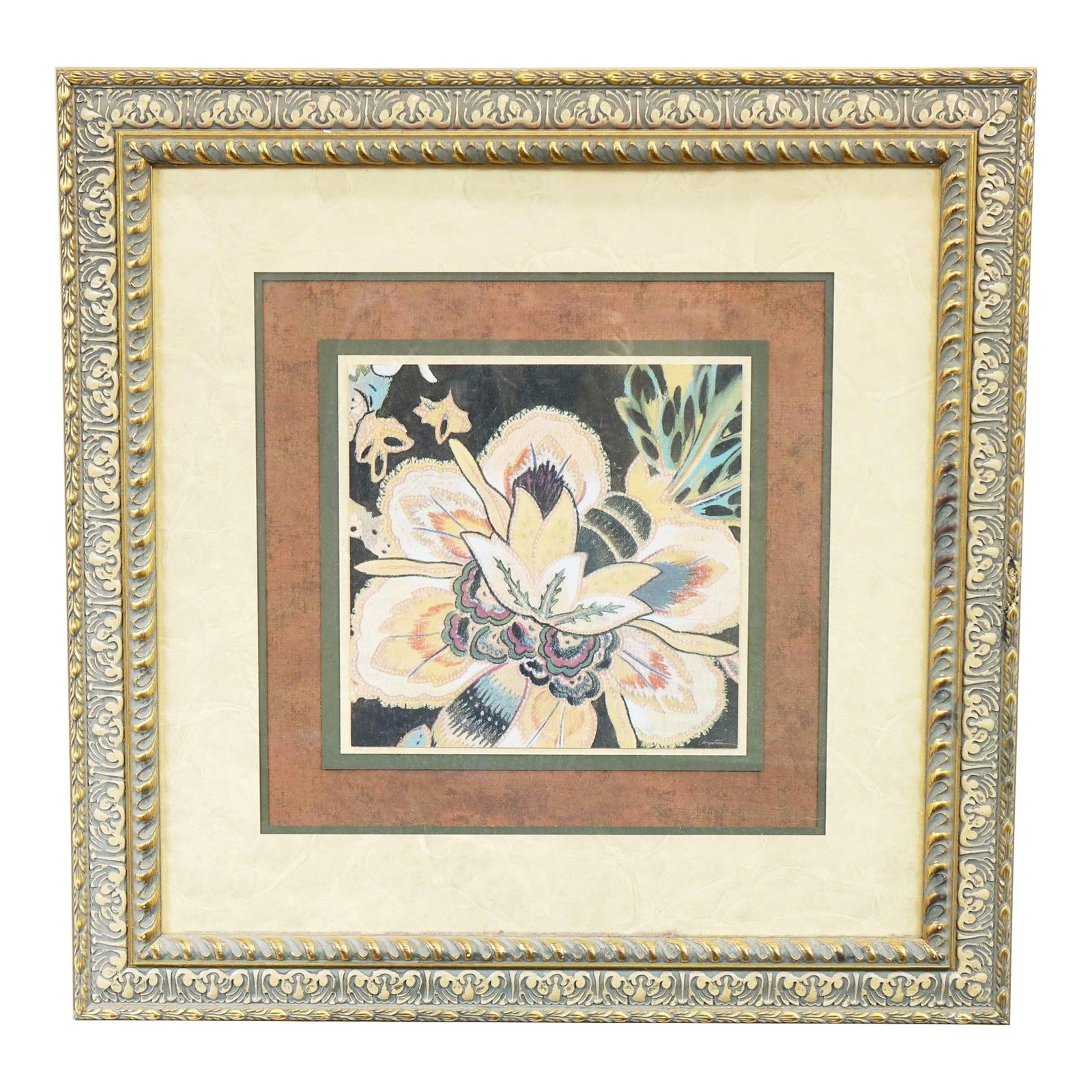 Twilight Bloom - Late 20th Century Original Watercolor Painting Signed, Framed: This captivating original watercolor features an intricate and stylized floral composition that immediately draws the eye. At the heart of the painting, a large, blooming flower bursts forth with ener
