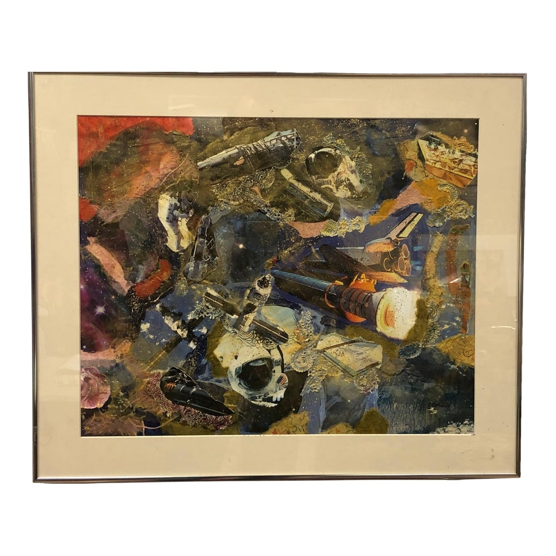 Orbit of Invention - Late 20th Century Mixed Media Signed on the Bottom, Framed: This painting is a dynamic and visually layered mixed media composition that captures the complexity, ambition, and fragmentation of modern technological advancement. With its space-age motifs and ene