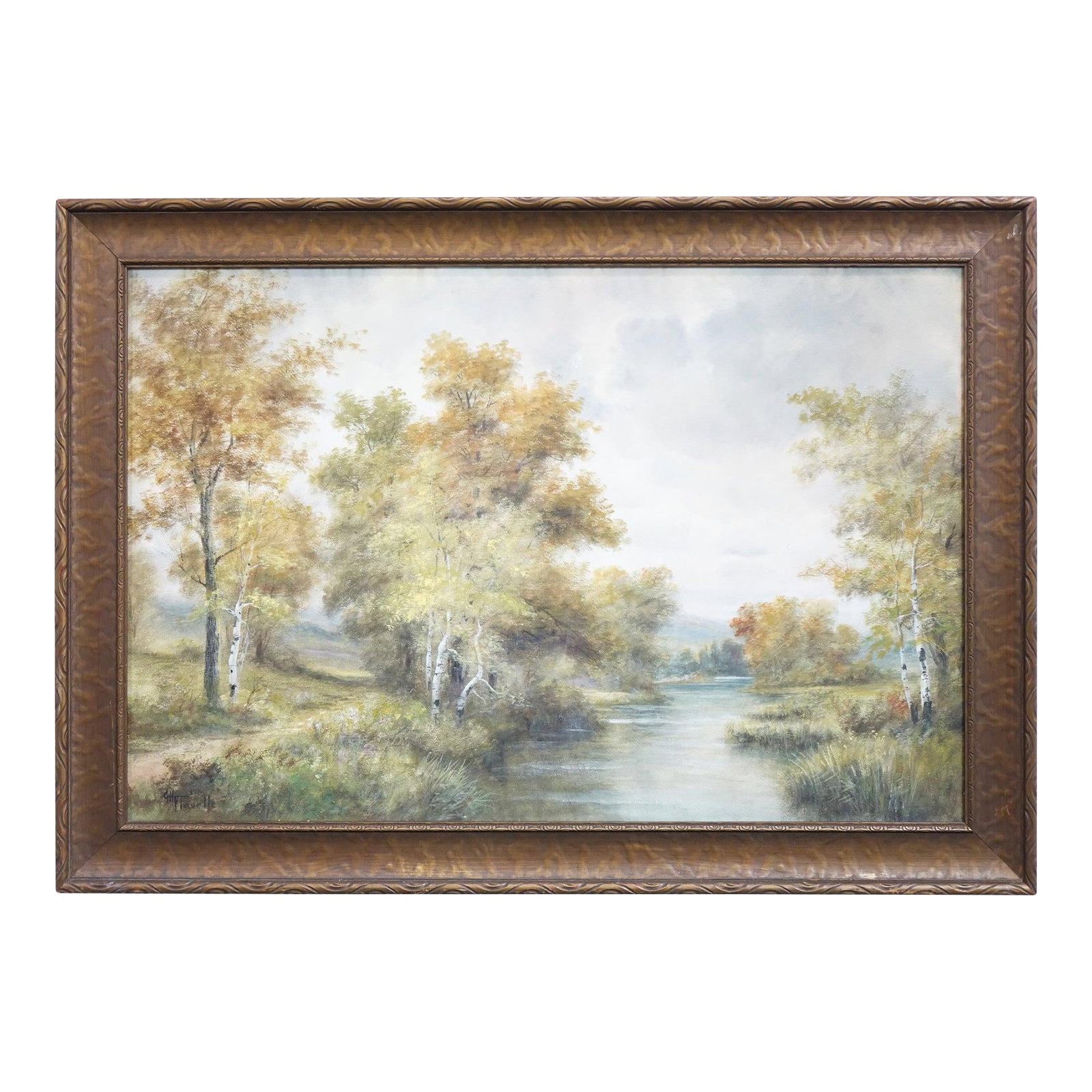 Late 20th Century Landscape Original Signed Watercolor on Paper: This original watercolor painting on paper beautifully captures the essence of a brisk autumn day, with vibrant fall foliage in transition and a cloudy sky setting a cool, crisp atmosphere. The scene 