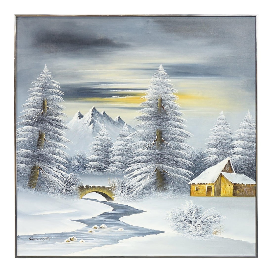Mid 20th Century Mountain Silence" - Original Oil on Canvas Signed: This enchanting winter landscape by the artist Barrister captures the serene majesty of nature blanketed in snow. Painted in oil on canvas, the composition leads the eye from a gently winding stream, 