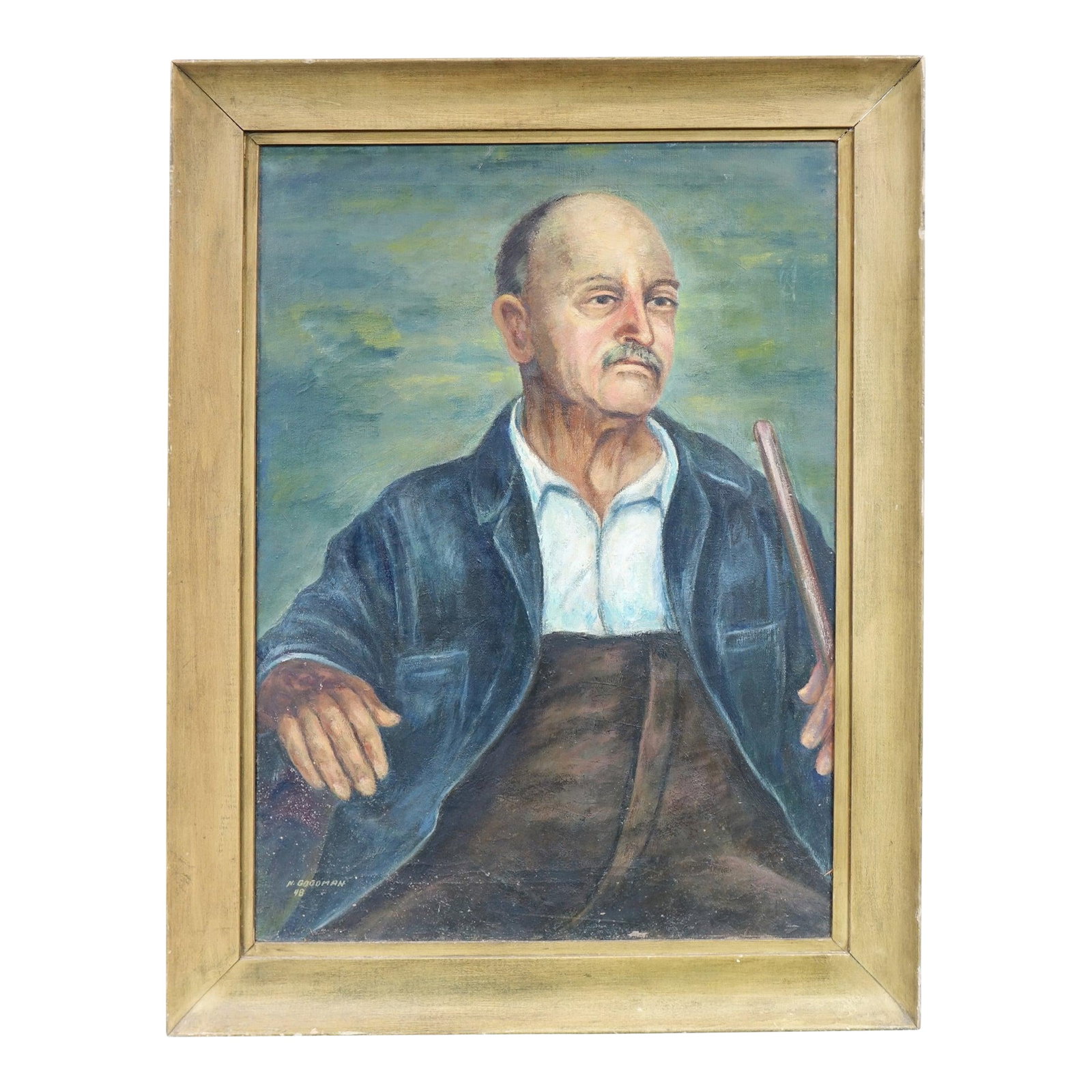 Portrait of a Working Man - Oil on Canvas Painting 1948 Signed Original, Framed: This original 1948 oil on canvas is a striking and intimate portrait of an elderly man, painted with careful attention to realism and character. The figure is seated calmly, holding a cane, and