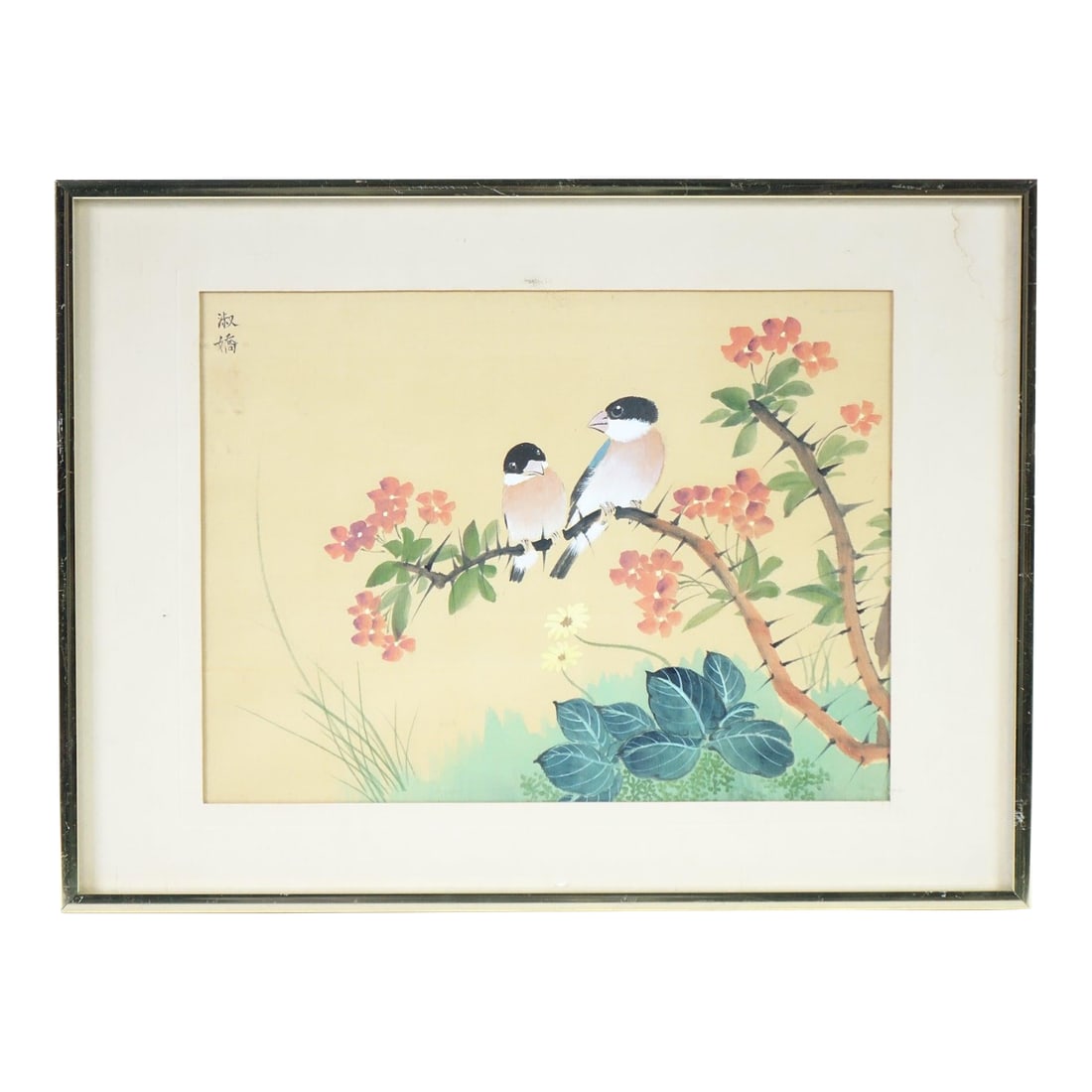 Chirps at Daybreak - Mid 20th Century Original Asian Bird Floral Painting on Cloth Signed, Framed: Delicate and harmonious, this original Asian painting on cloth captures the timeless elegance of traditional East Asian naturalist art. Two finely detailed birds rest gracefully on a blooming branch,