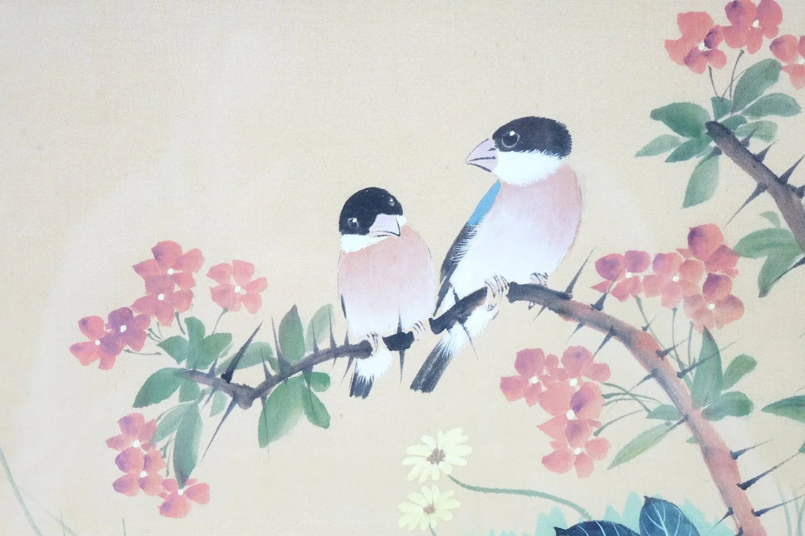 Chirps at Daybreak - Mid 20th Century Original Asian Bird Floral Painting on Cloth Signed, Framed - 3