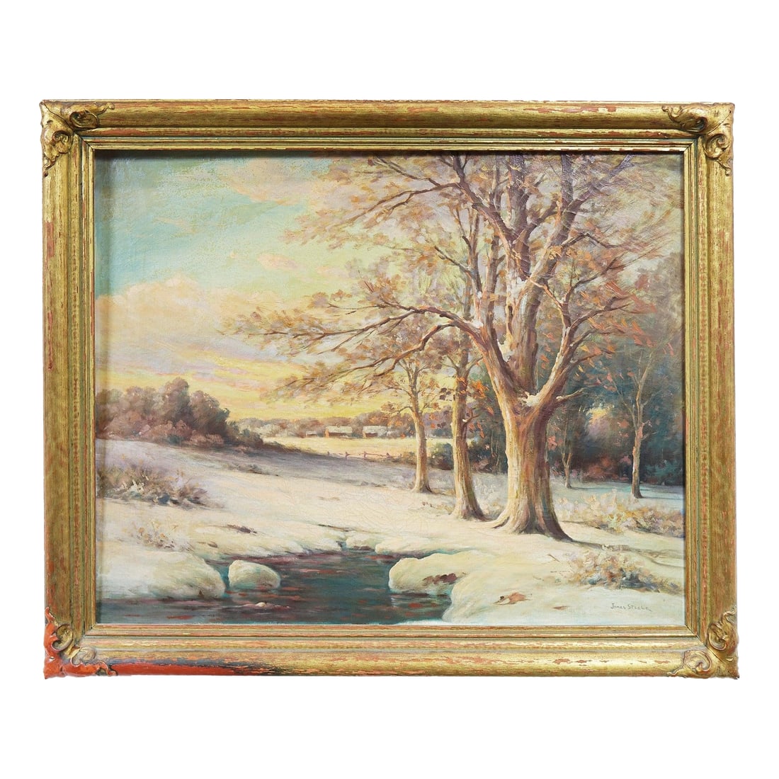 Mid 20th Century Winter's Golden Silence - Oil on Canvas Signed Original: This captivating oil on canvas by artist James Steele beautifully captures the tranquil stillness of a winter landscape under a glowing sky. Signed by the artist in the lower right corner, the composi