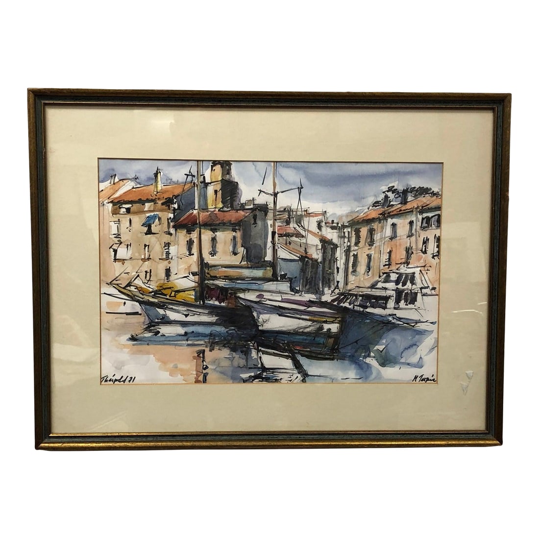 Thailand Original Watercolor 1971 Signed on the Bottom, Framed: Thailand – Original Watercolor, 1971, Signed – 29" x 18" A vivid and energetic scene comes to life in this original 1971 watercolor painting titled "Thailand." Signed by the artist at the