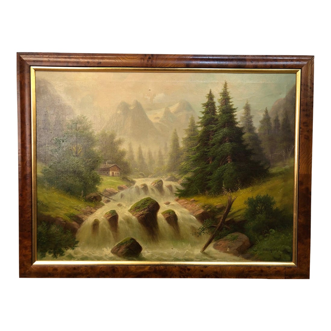Early 20th Century Original Oil on Canvas – Realistic Babbling Brook & Forest Scene, Framed: Original oil painting, signed at the bottom, featuring a beautifully detailed babbling brook with water rushing over rocks in the foreground. The stream winds through a lush forest of trees and pine