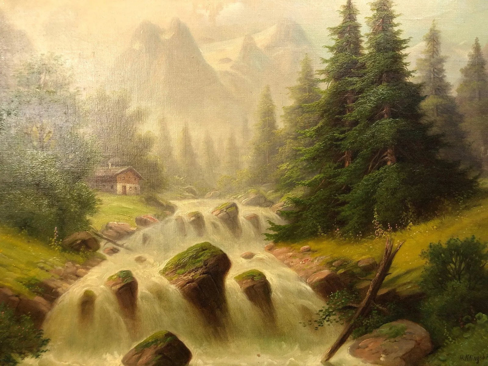 Early 20th Century Original Oil on Canvas – Realistic Babbling Brook & Forest Scene, Framed - 6