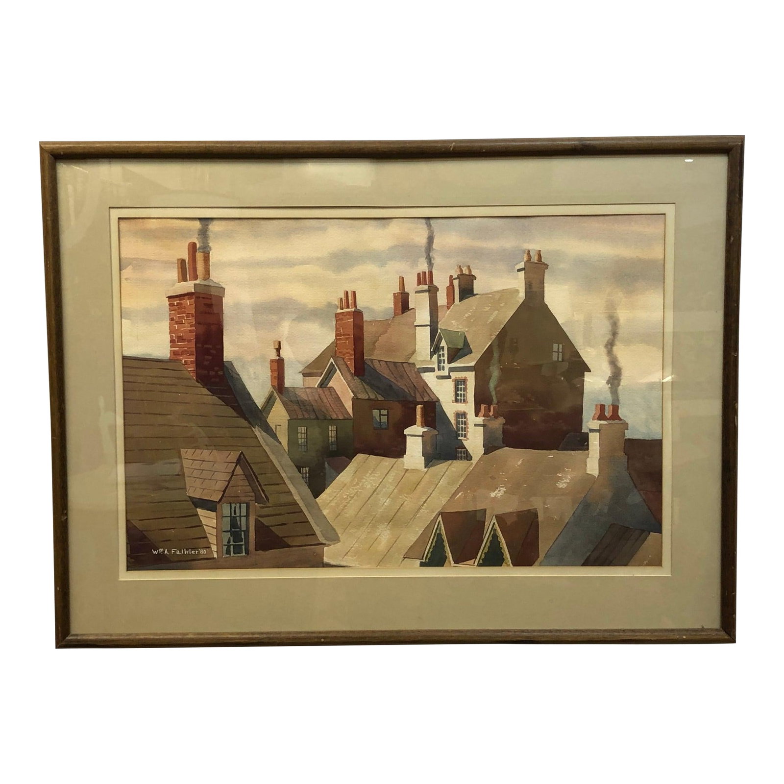 The Rooftops - 1980 Original Watercolor Painting on Paper, Signed, Framed: A warm, nostalgic view of clustered rooftops and tall chimneys unfolds in this original watercolor painting titled "The Rooftops" by the American artist William Falkler. The composition captures the q