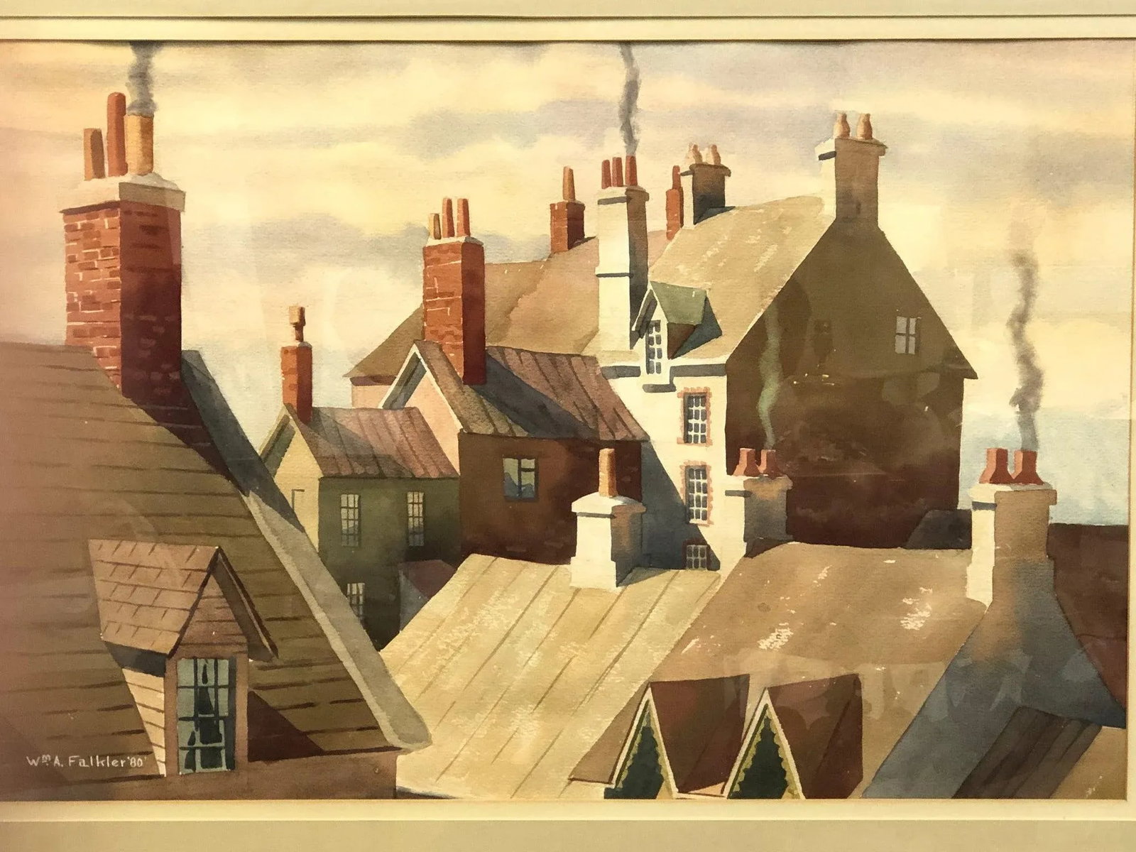 The Rooftops - 1980 Original Watercolor Painting on Paper, Signed, Framed - 2