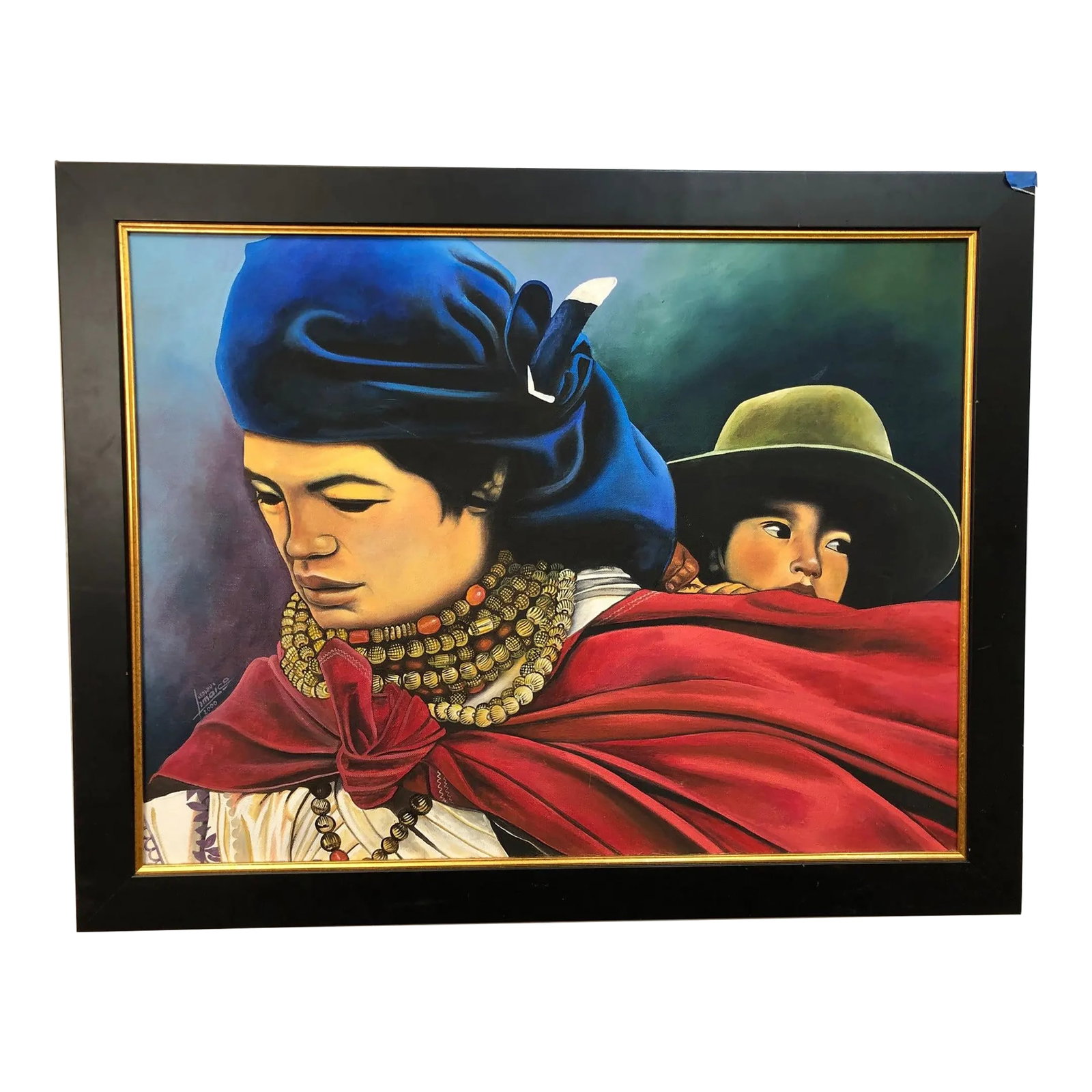 Parent & Child – Original Signed Oil on Canvas (2000): This striking original oil painting on canvas (2000) portrays a woman adorned with multiple necklaces, a red scarf, and a royal blue headdress, gracefully carrying a child on her back, who wears a