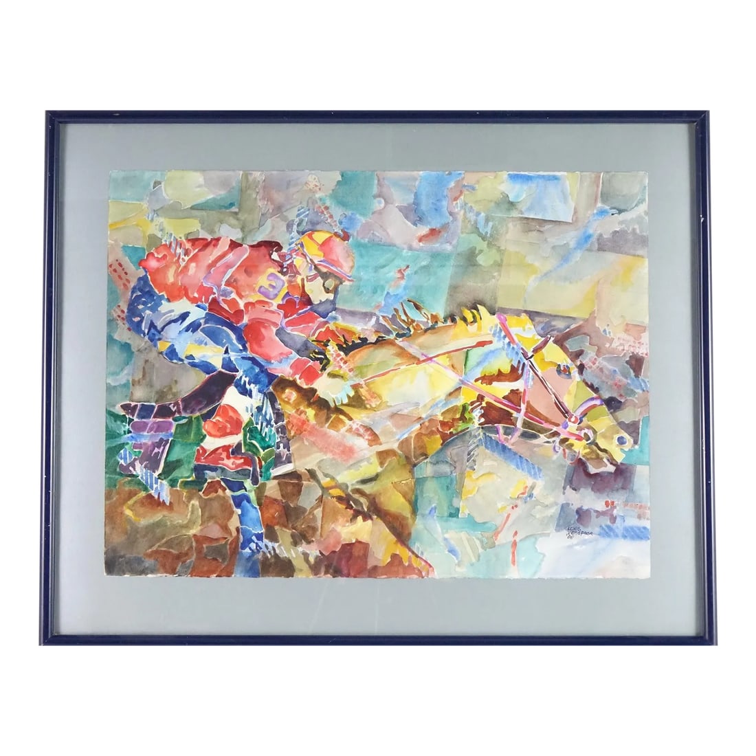 Late 20th Century Horse Jockey Original Loes Verspoor Watercolor Painting Signed: Horse Jockey, Original Loes Verspoor Watercolor Painting, Signed - 37" x 30" This vibrant and dynamic original watercolor painting by Loes Verspoor, measuring 37 inches by 30 inches, captures the