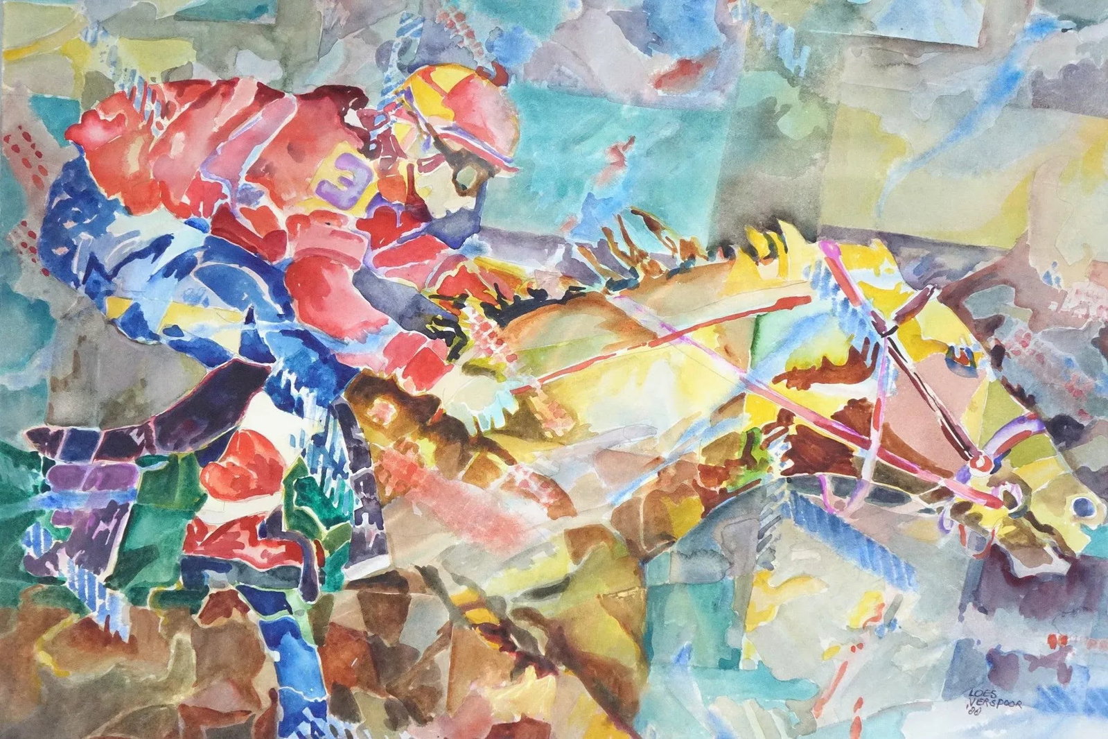Late 20th Century Horse Jockey Original Loes Verspoor Watercolor Painting Signed - 4