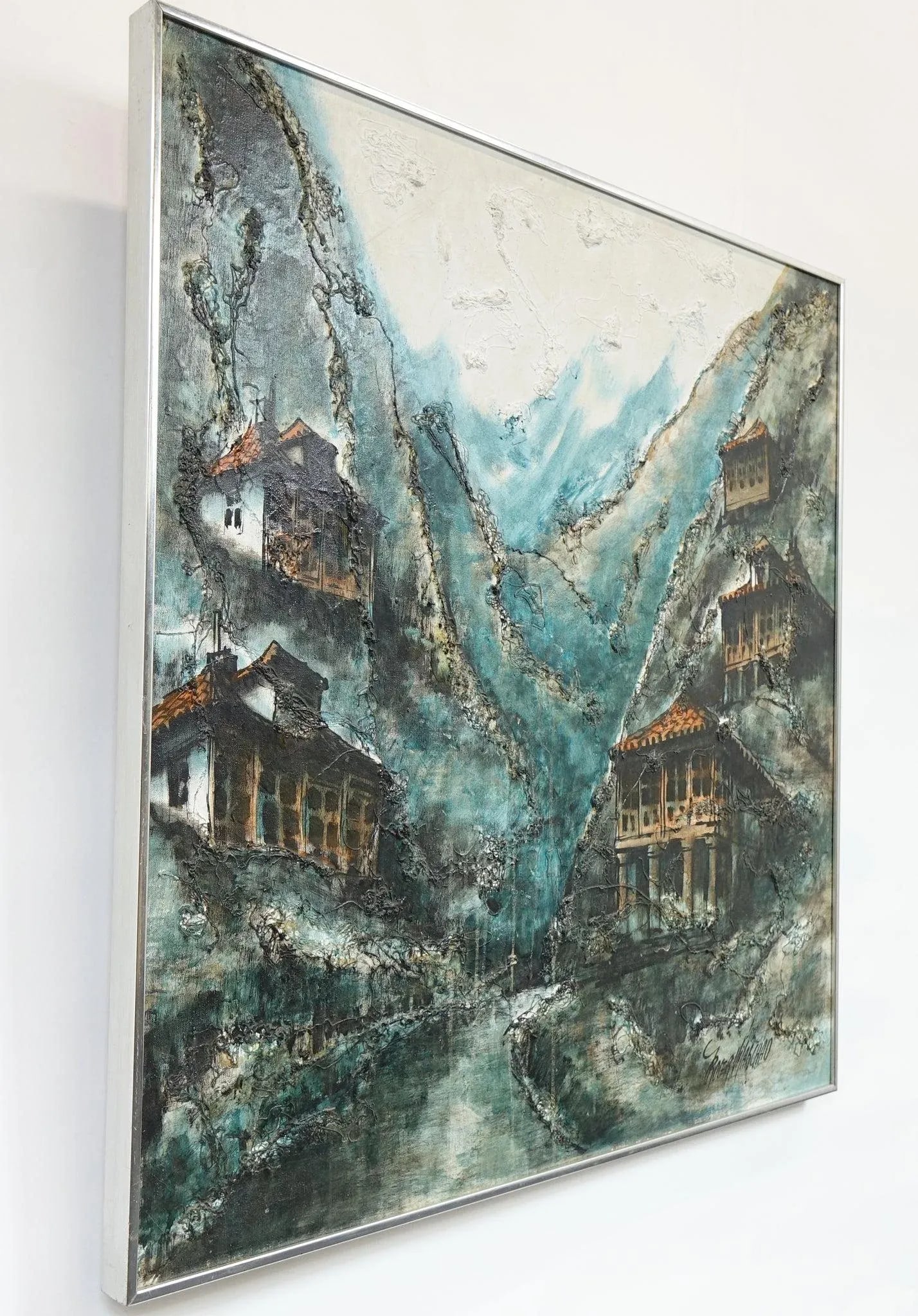 Late 20th Century Village in the Mountain Pass Oil on Canvas Mixed Media Signed Original - 10