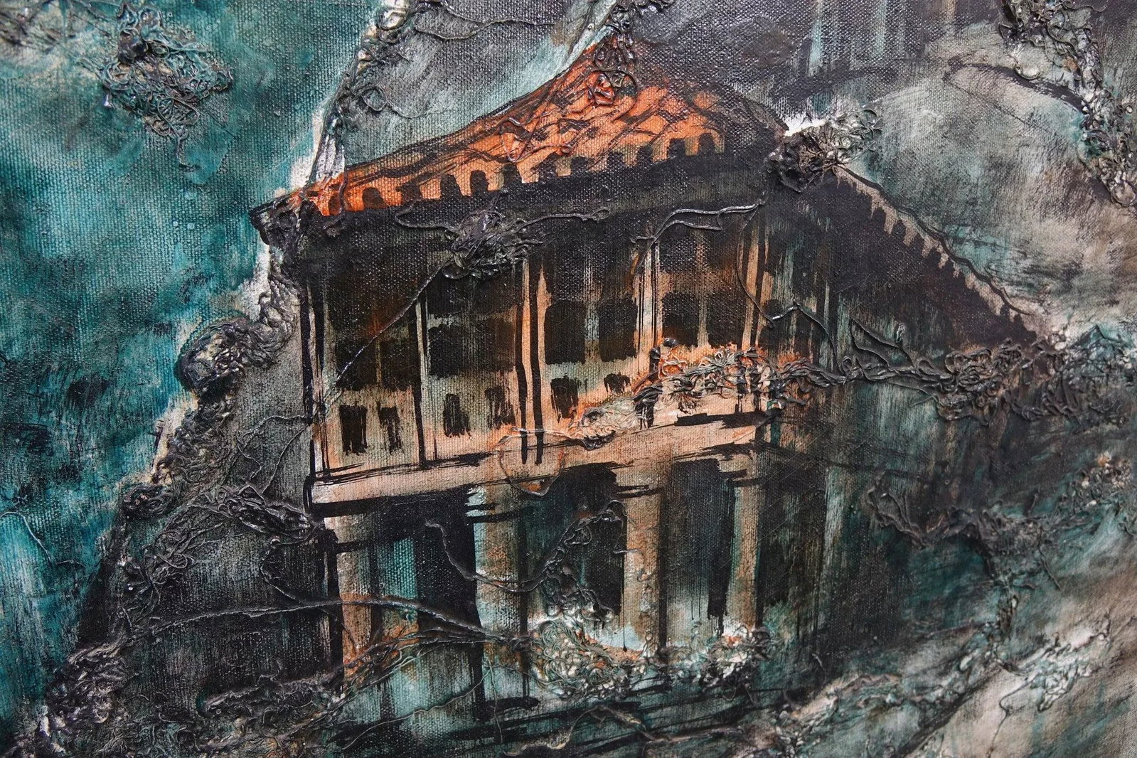 Late 20th Century Village in the Mountain Pass Oil on Canvas Mixed Media Signed Original - 2