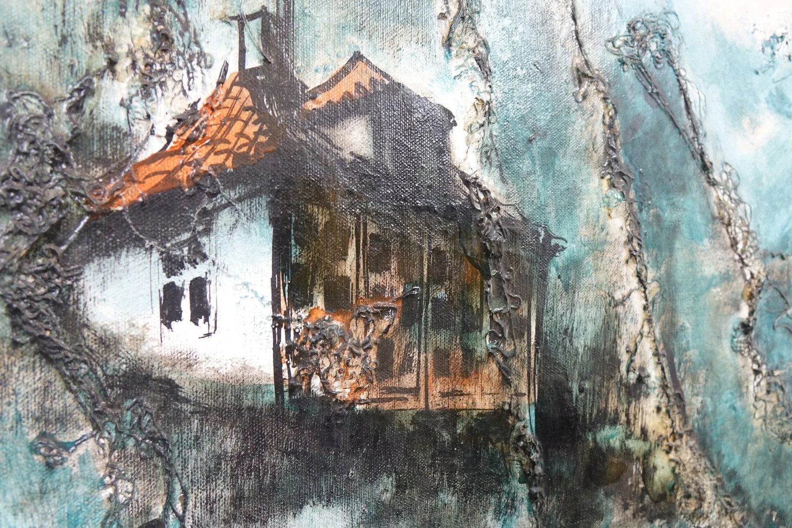 Late 20th Century Village in the Mountain Pass Oil on Canvas Mixed Media Signed Original - 3