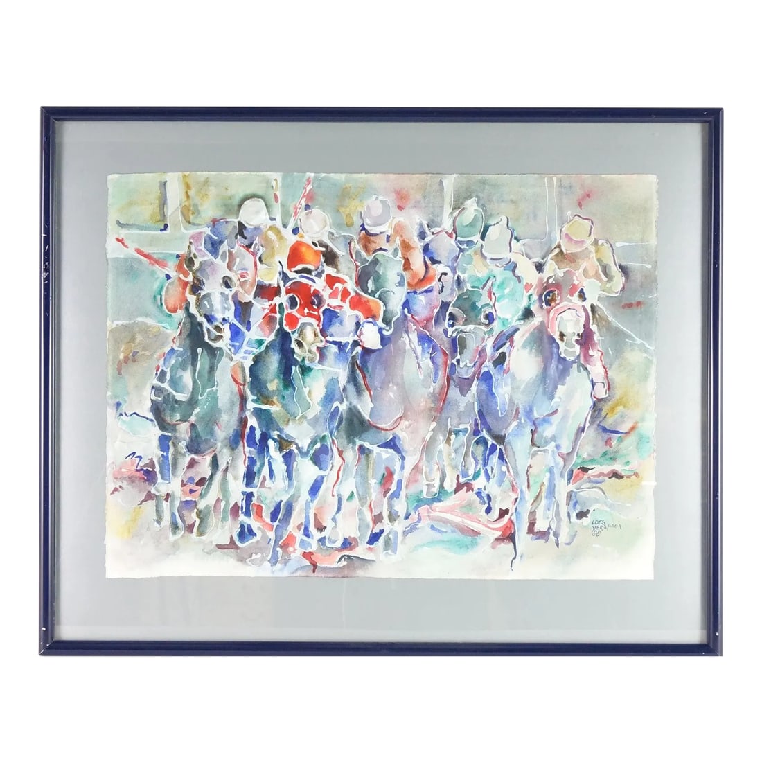 Horse Jockeys Original Loes Verspoor Watercolor Painting Signed: Horse Jockeys, Original Loes Verspoor Watercolor Painting, Signed - 37" x 30" This vibrant original watercolor painting by acclaimed artist Loes Verspoor captures the exhilarating energy of horse