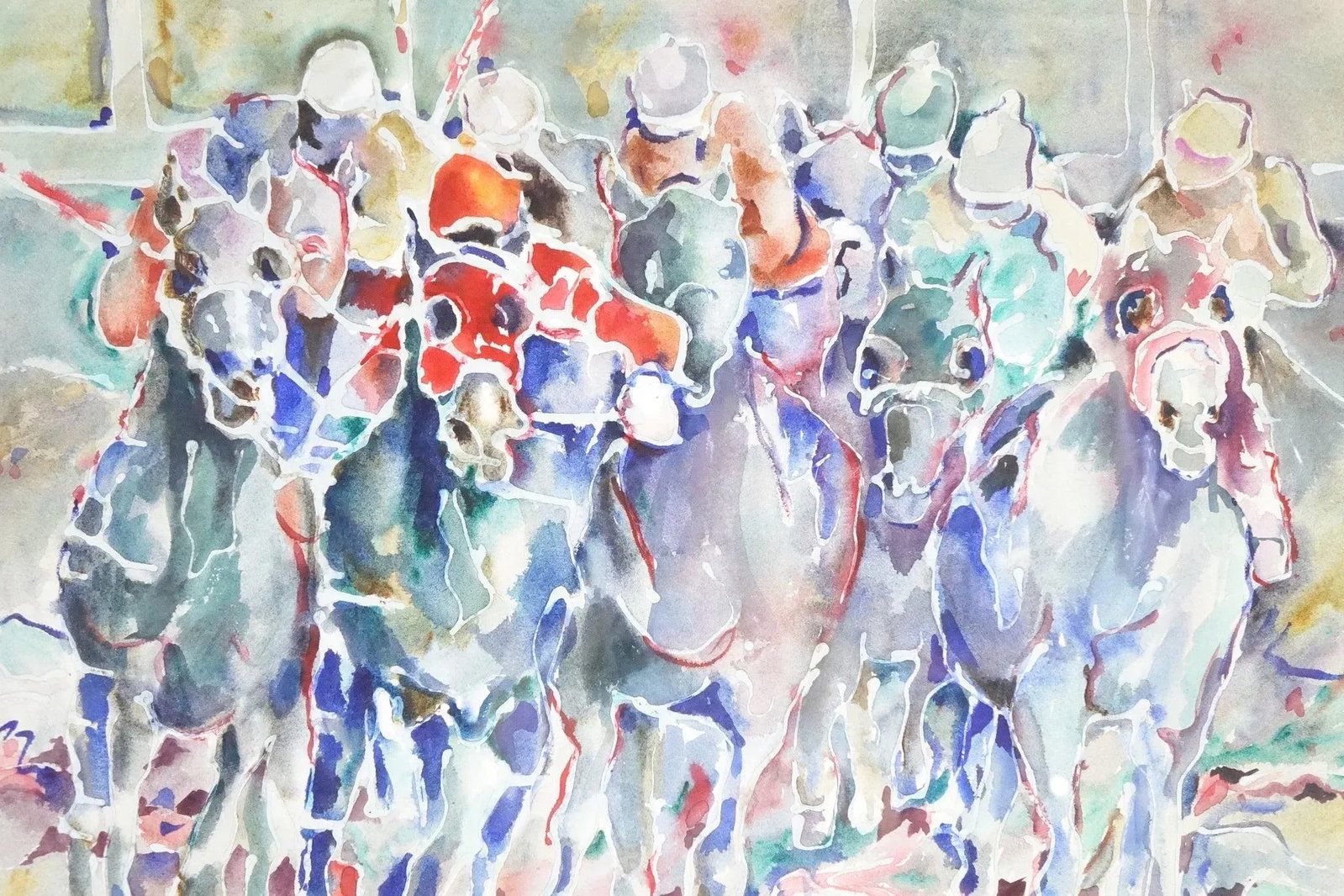 Horse Jockeys Original Loes Verspoor Watercolor Painting Signed - 6