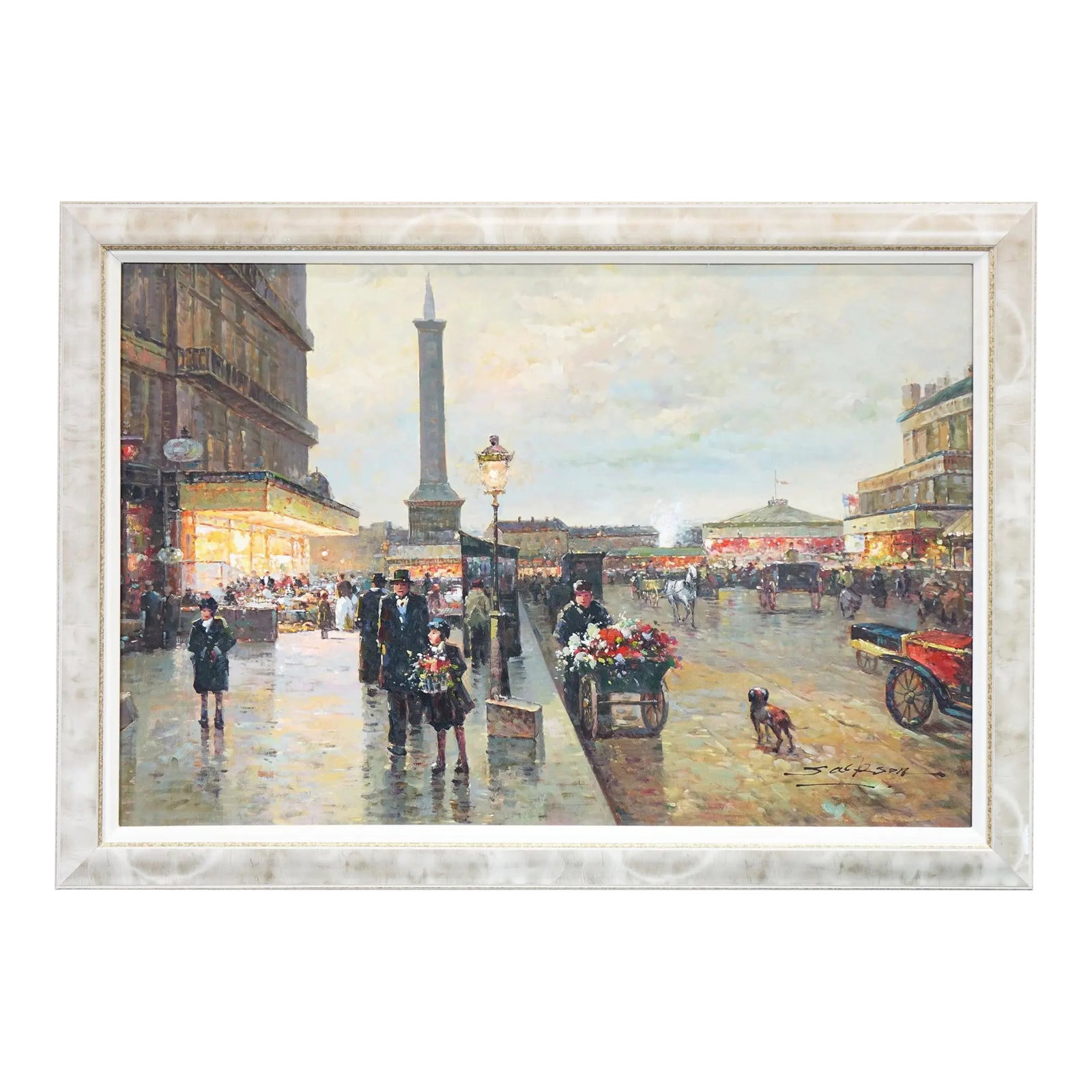 Late 20th Century European School the Market Oil on Canvas Signed Original: This vibrant original oil painting on canvas titled "The Market" depicts a bustling European market scene with cobblestone streets, people shopping, and individuals dressed in suits. Carriages and