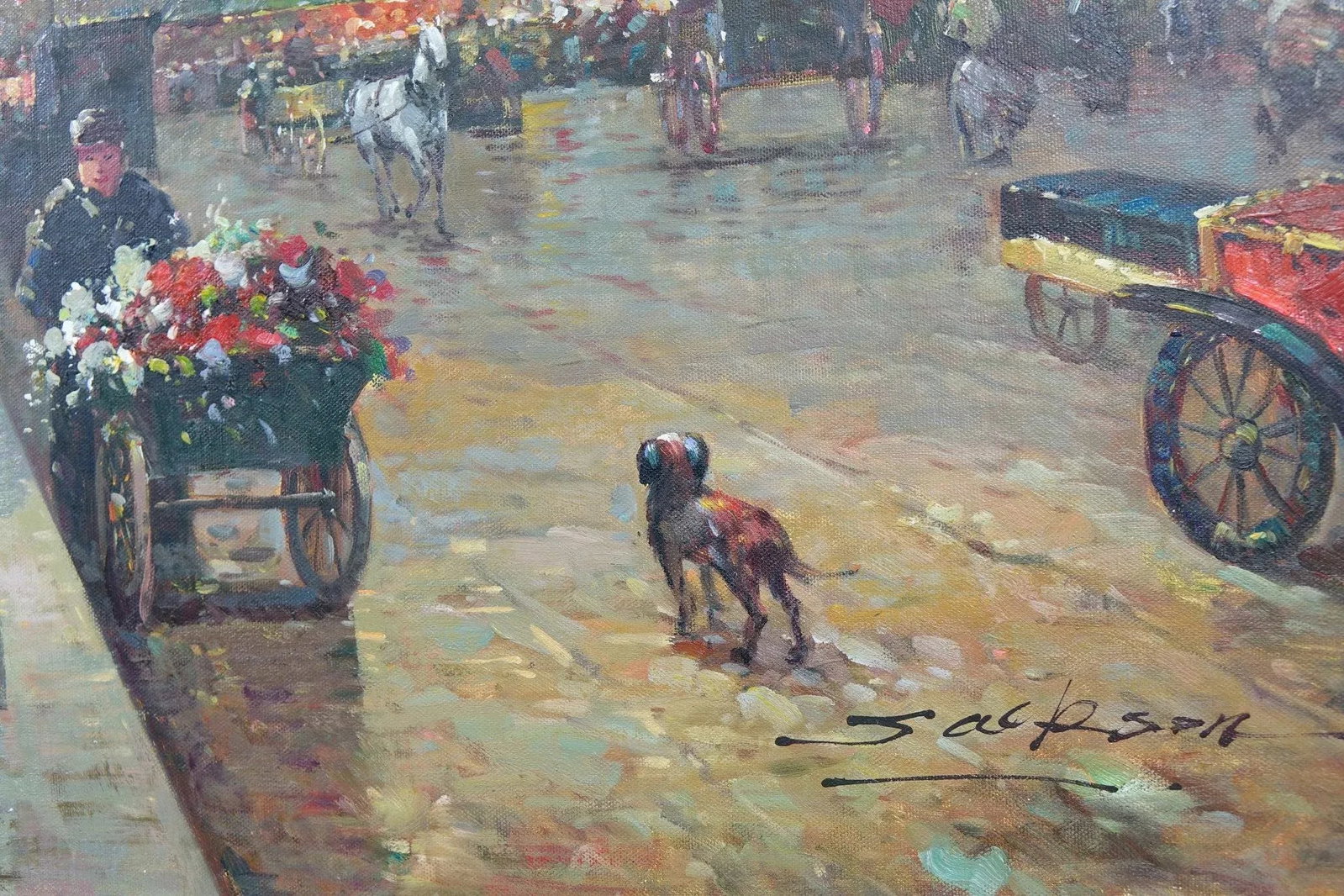 Late 20th Century European School the Market Oil on Canvas Signed Original - 2