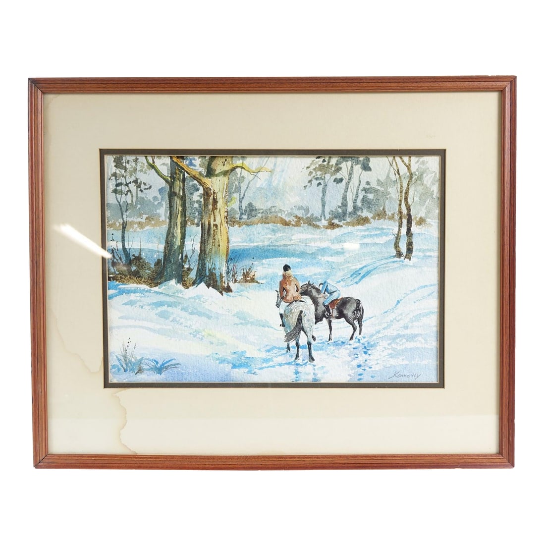Late 20th Century Through the Woods - Original Watercolor on Paper Signed: This beautifully serene watercolor painting captures a quiet yet compelling winter moment with delicate artistry. A lone rider on horseback leads another horse through a snowy woodland path, surrounde