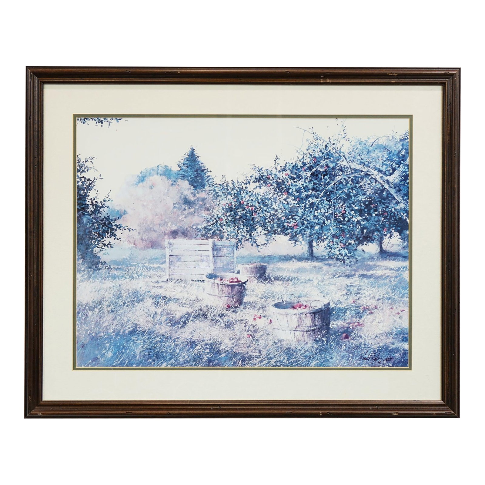 First Picking - Late 20th Century Print of Watercolor Painting Signed on the Bottom, Framed: Bathed in the gentle hues of a crisp morning, "First Picking" is a beautifully composed watercolor that captures the poetic charm of rural life. This impressionistic piece portrays a serene orchard